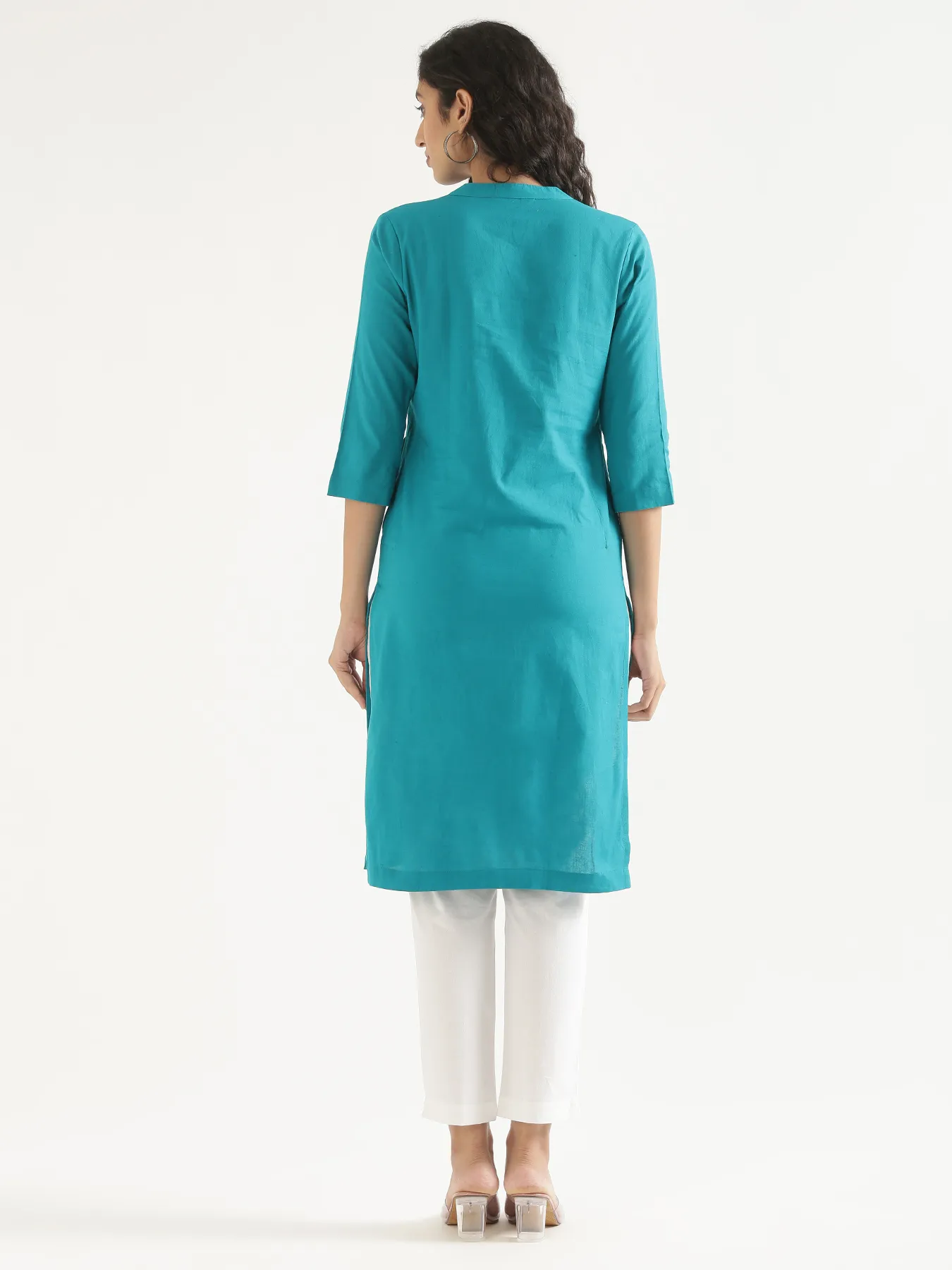 Women Teal Airy Linen Long Kurta - Image 10