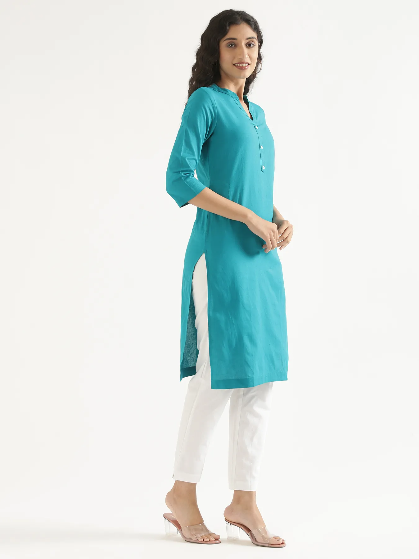 Women Teal Airy Linen Long Kurta - Image 11