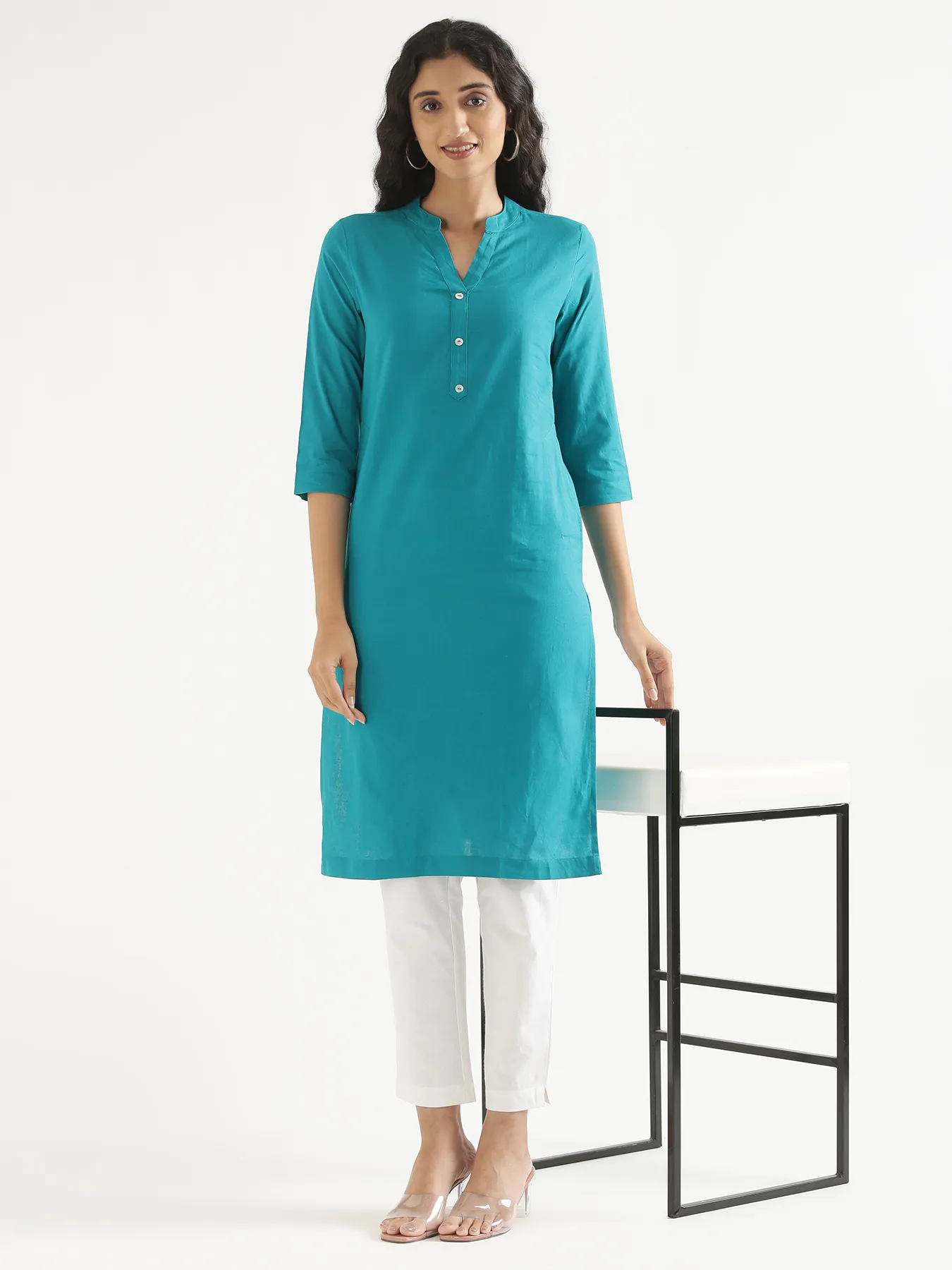 Women Teal Airy Linen Long Kurta - Image 12