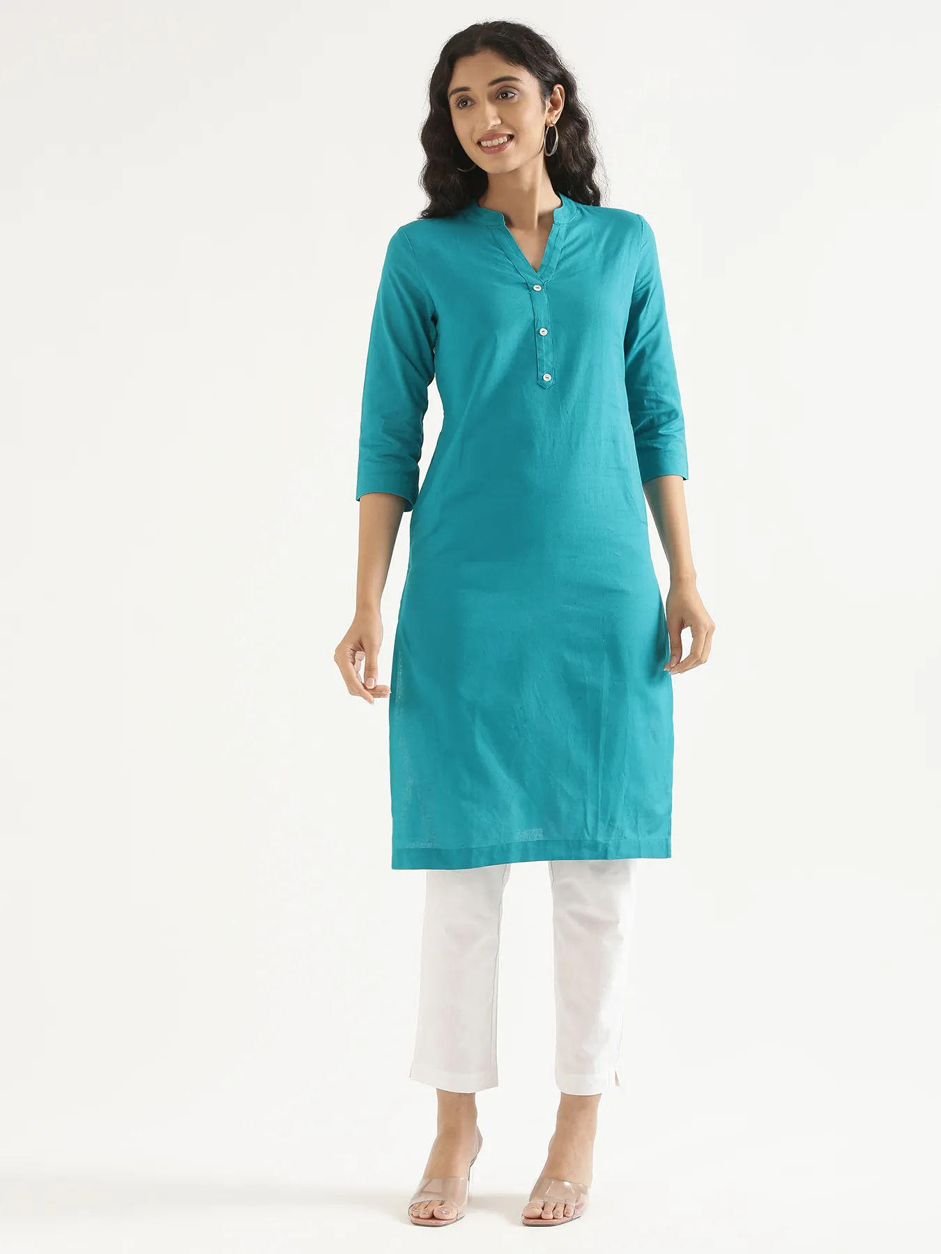 Women Teal Airy Linen Long Kurta - Image 2