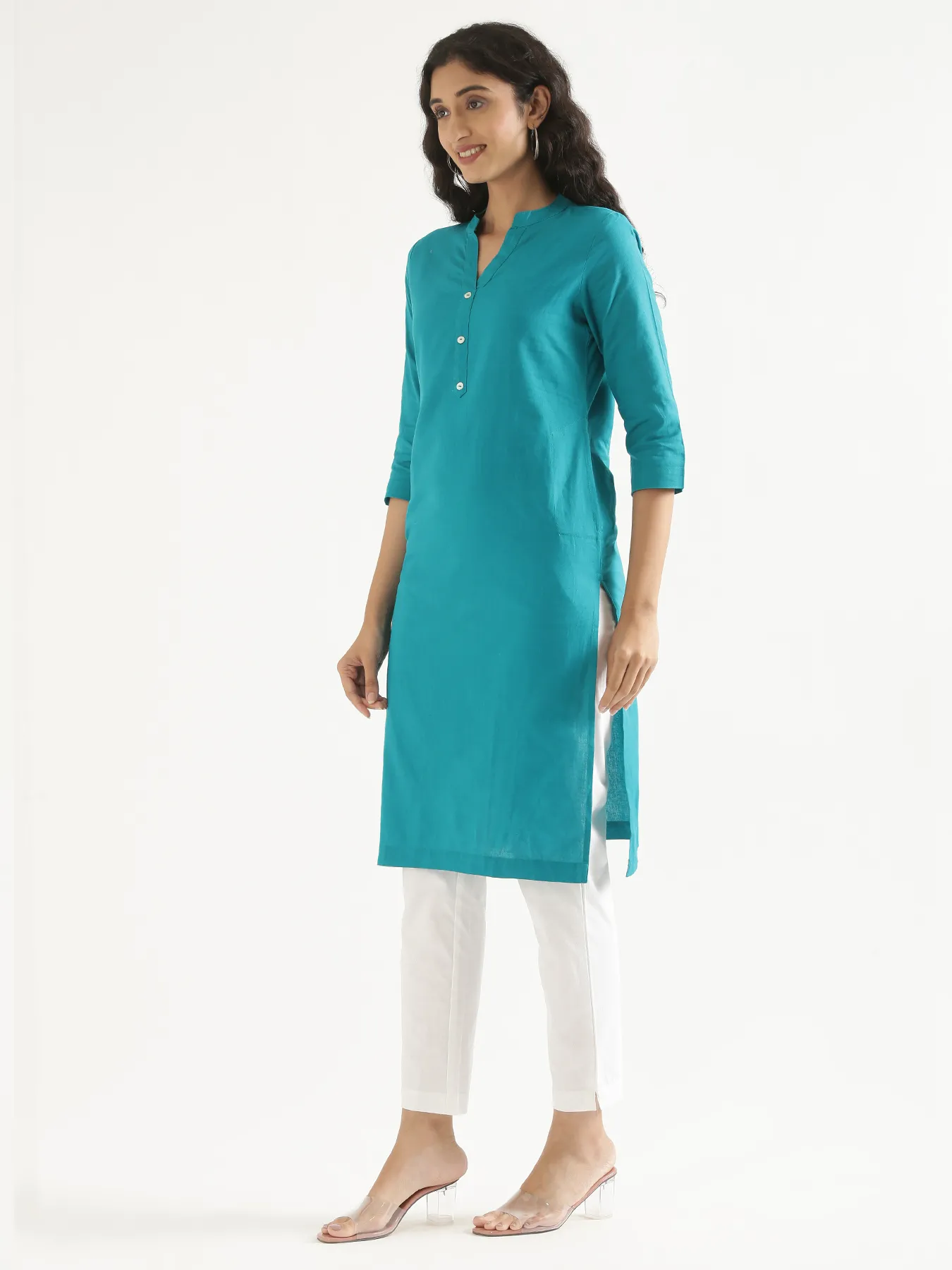 Women Teal Airy Linen Long Kurta - Image 9