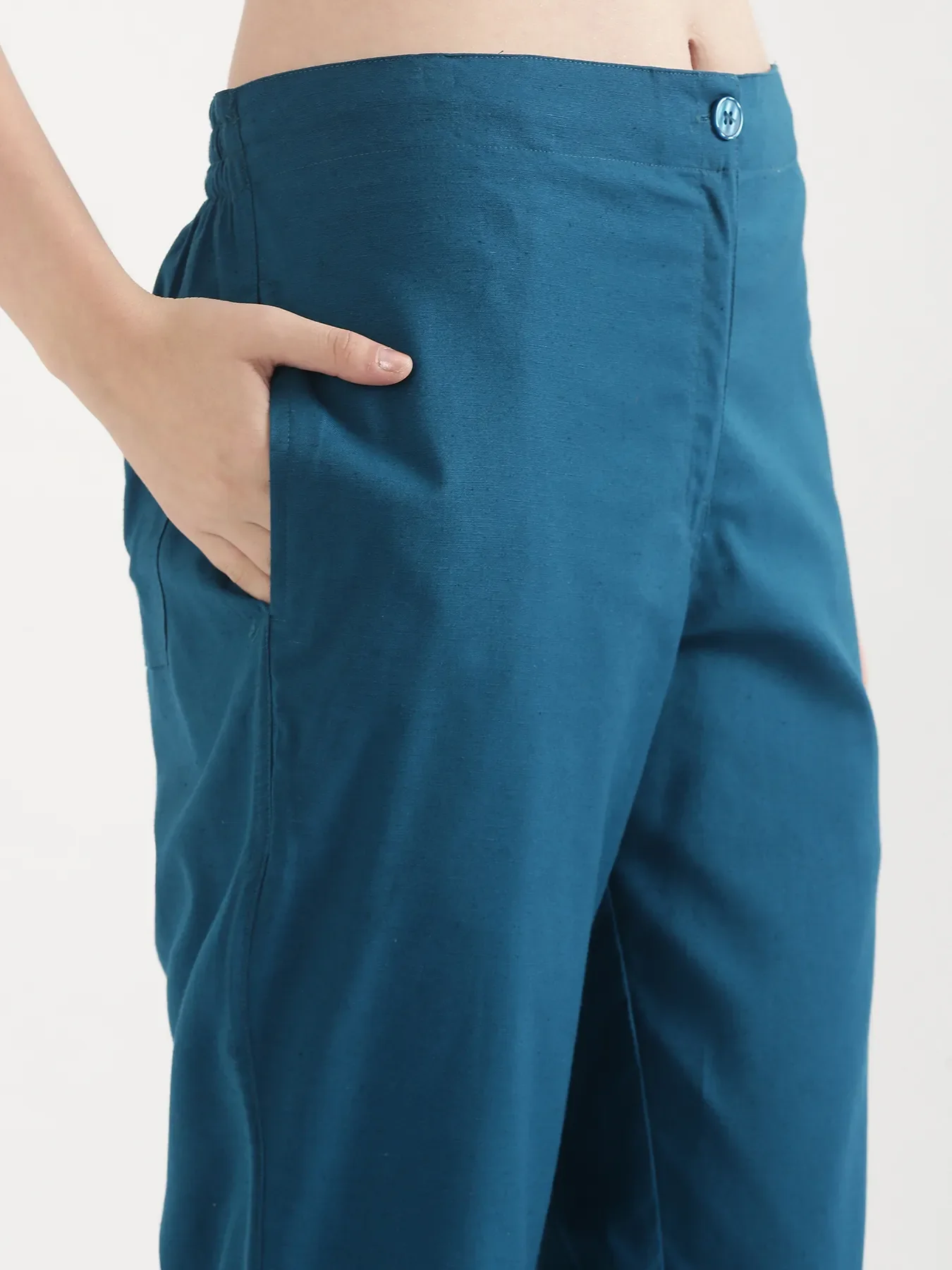 Women Turquoise Airy Linen Straight Pants - Image 10