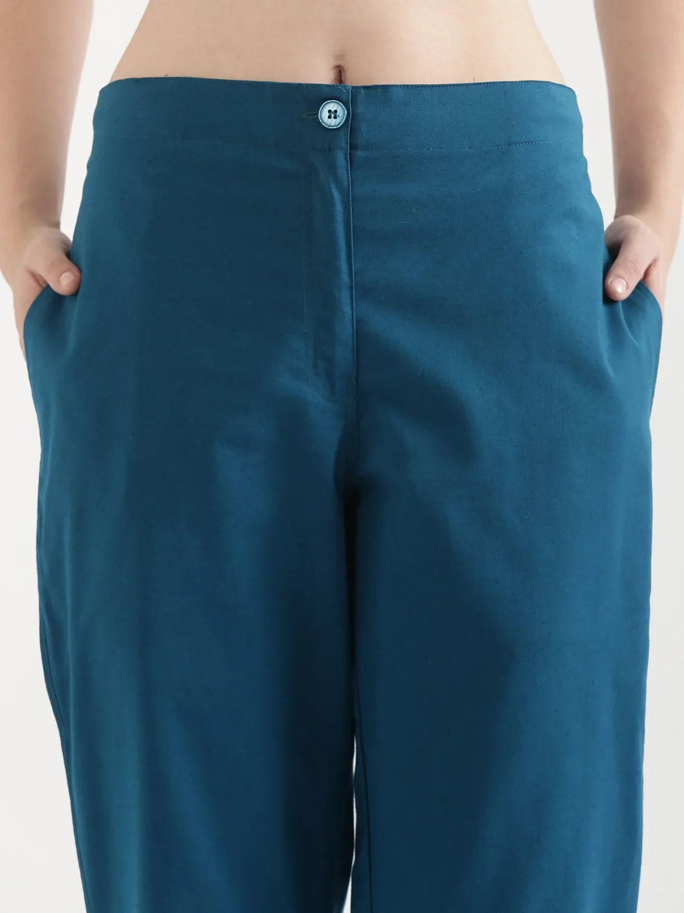 Women Turquoise Airy Linen Straight Pants - Image 12