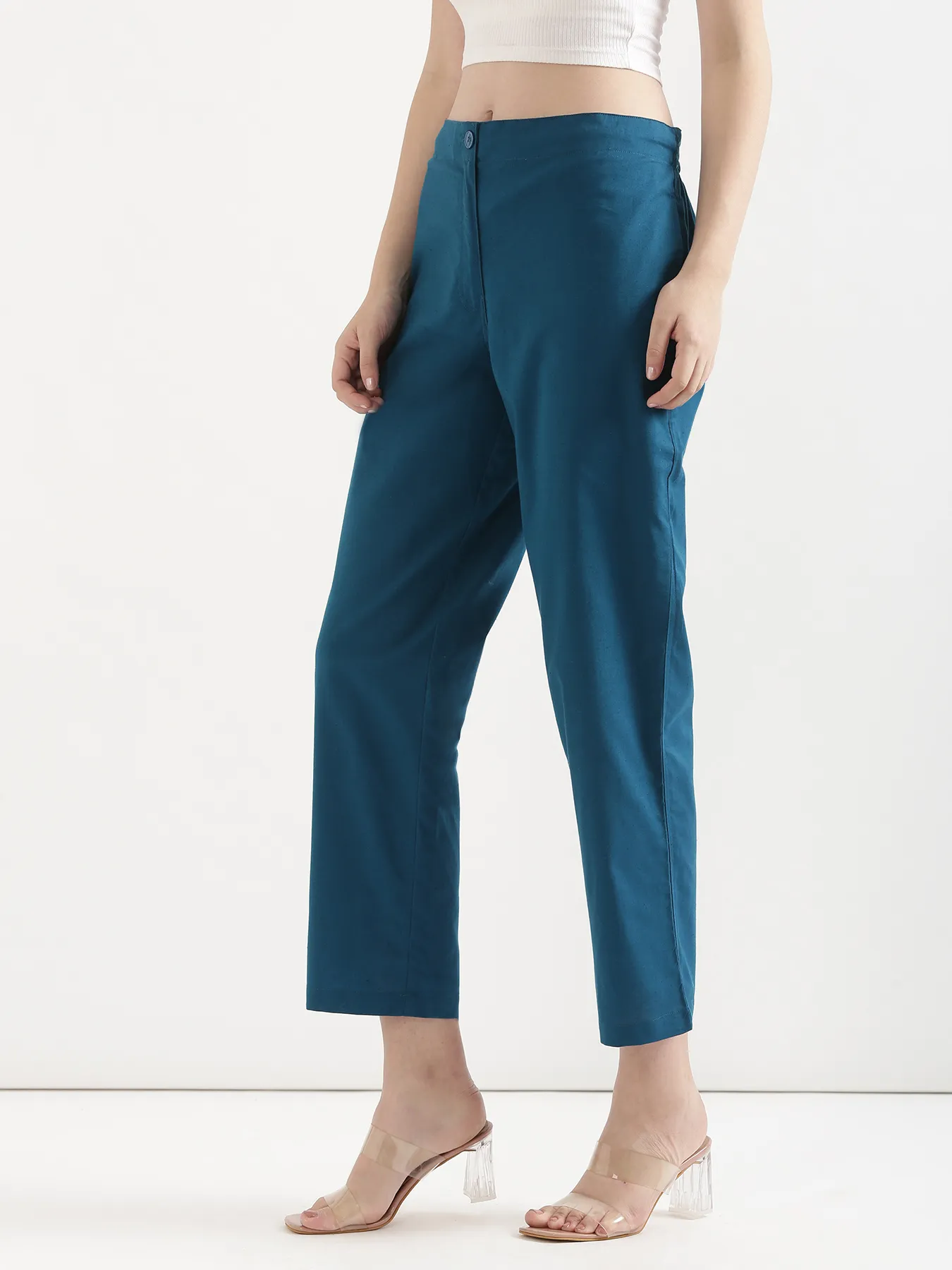 Women Turquoise Airy Linen Straight Pants - Image 6
