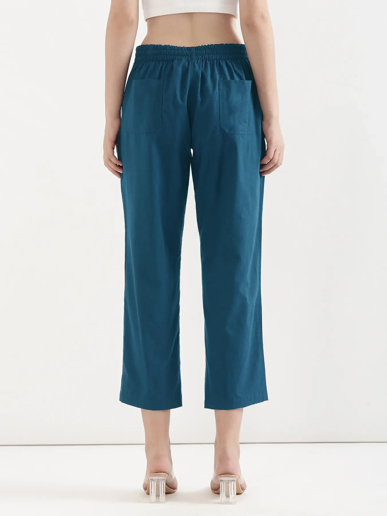 Women Turquoise Airy Linen Straight Pants - Image 7