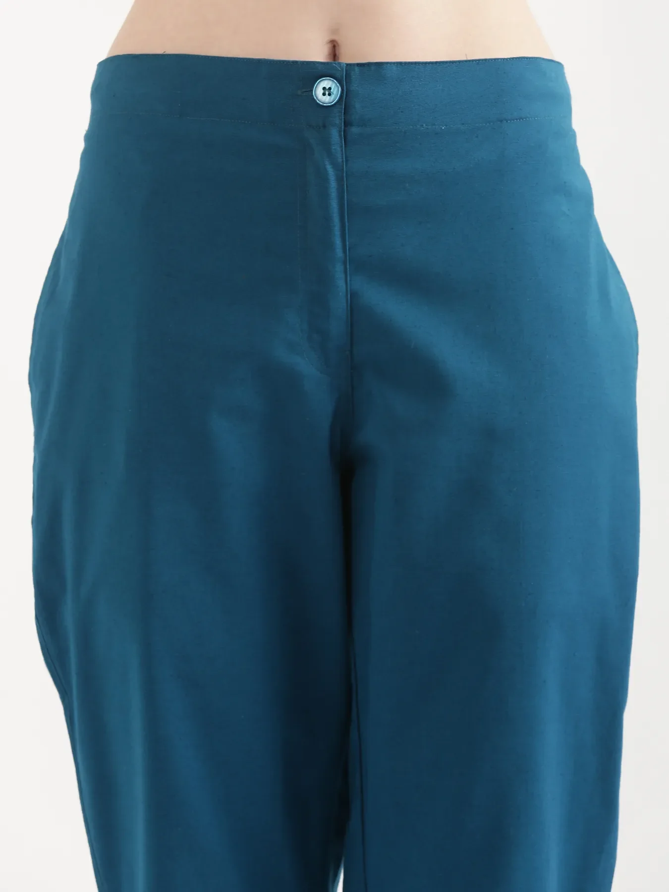 Women Turquoise Airy Linen Straight Pants - Image 8