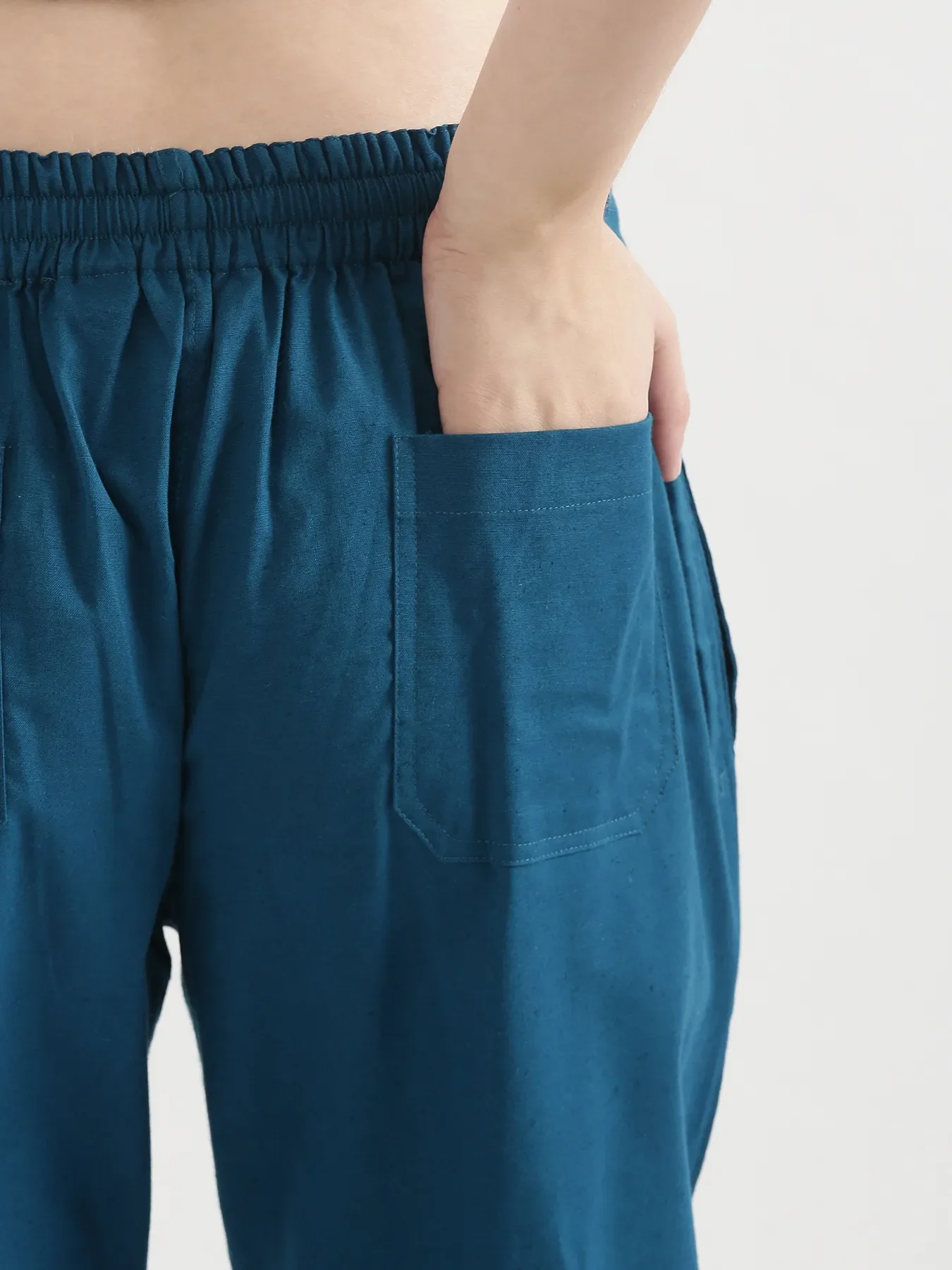 Women Turquoise Airy Linen Straight Pants - Image 9
