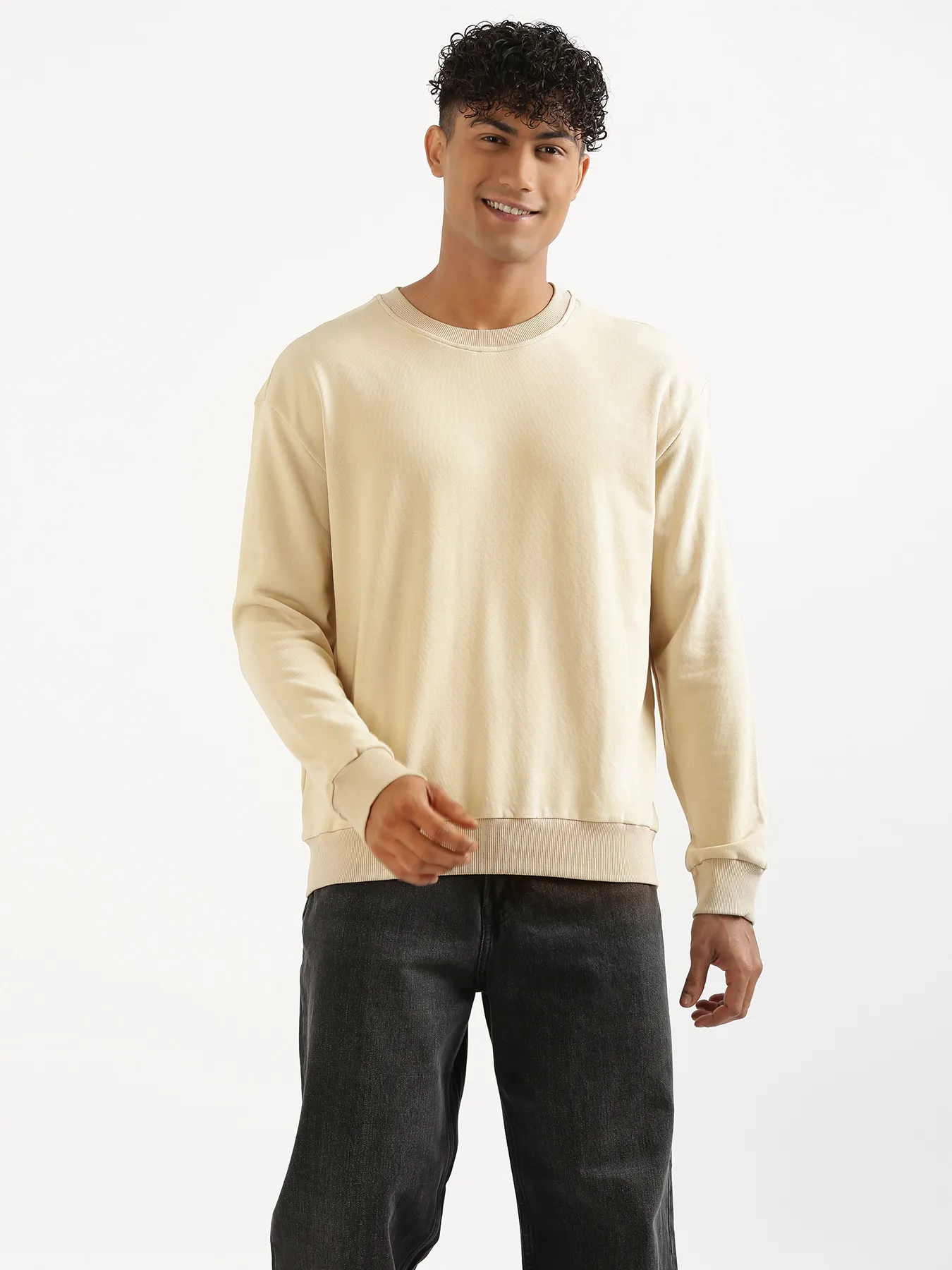 Unisex Beige Round Neck Sweatshirt - Image 6