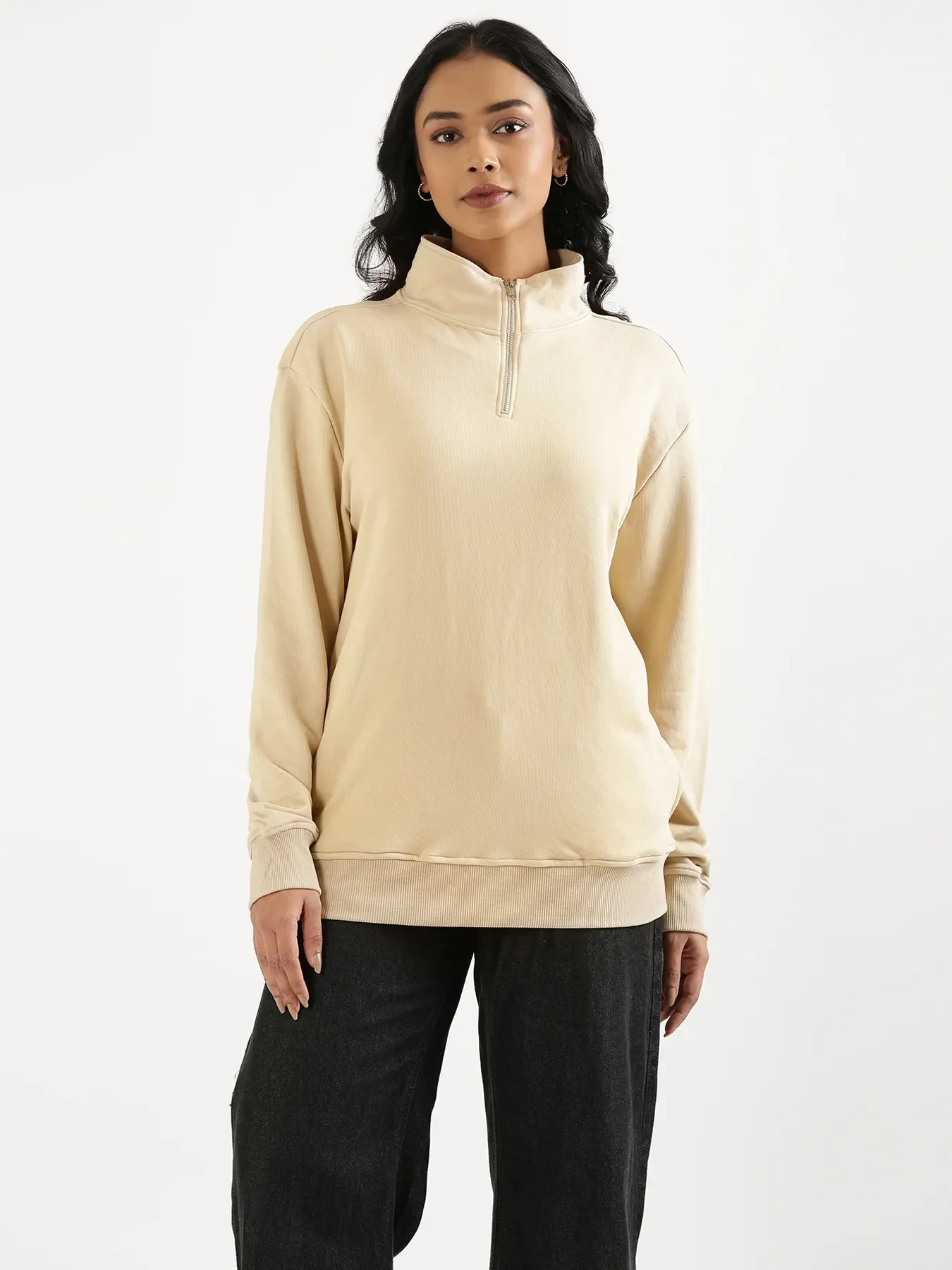 Unisex Beige Zip Neck Sweatshirt - Image 2