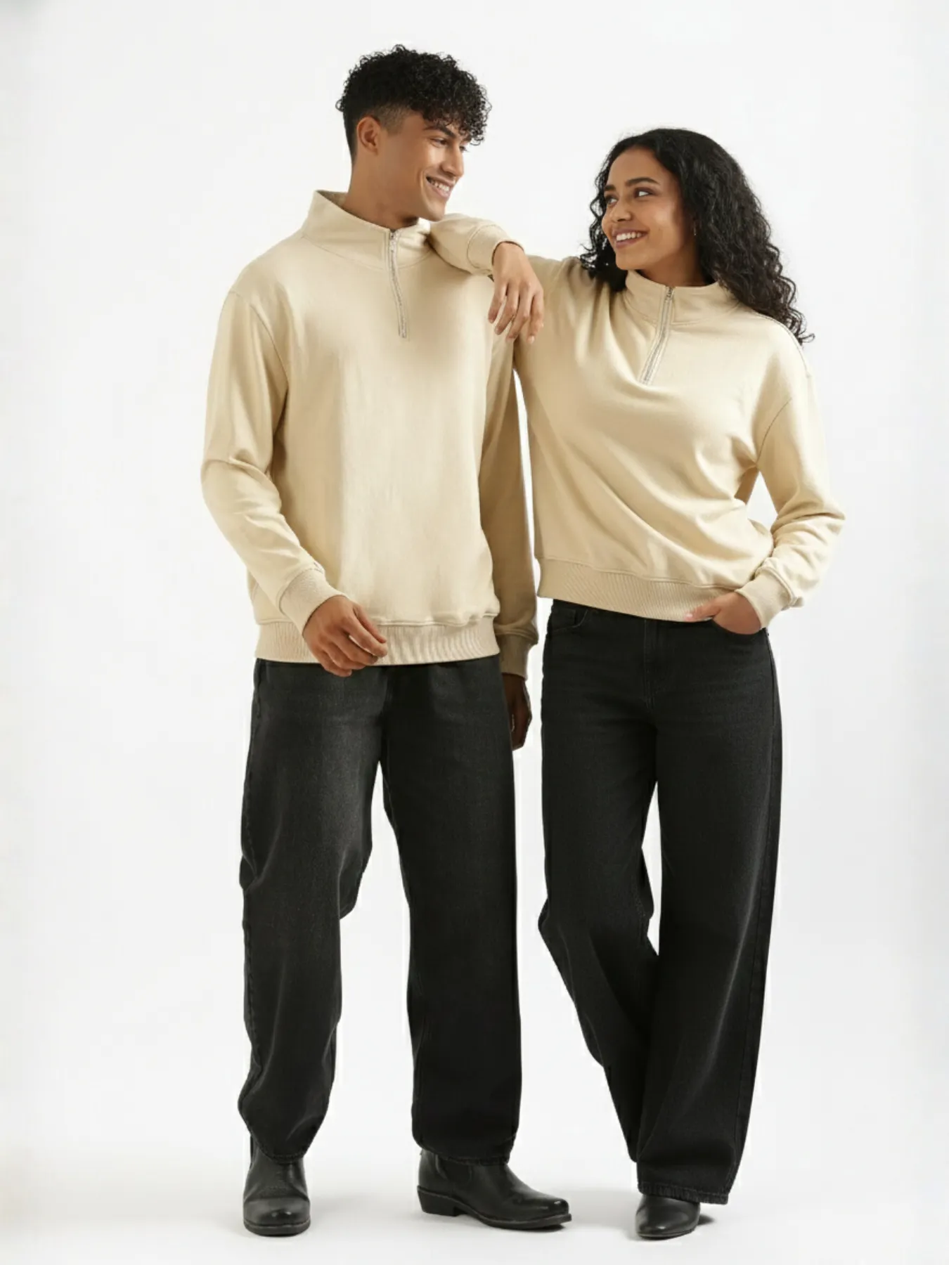 Unisex Beige Zip Neck Sweatshirt - Image 3