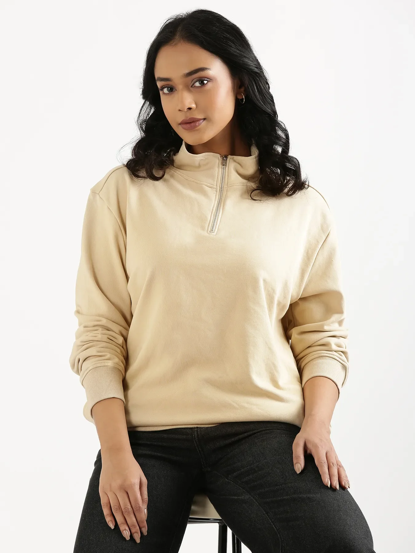 Unisex Beige Zip Neck Sweatshirt - Image 4