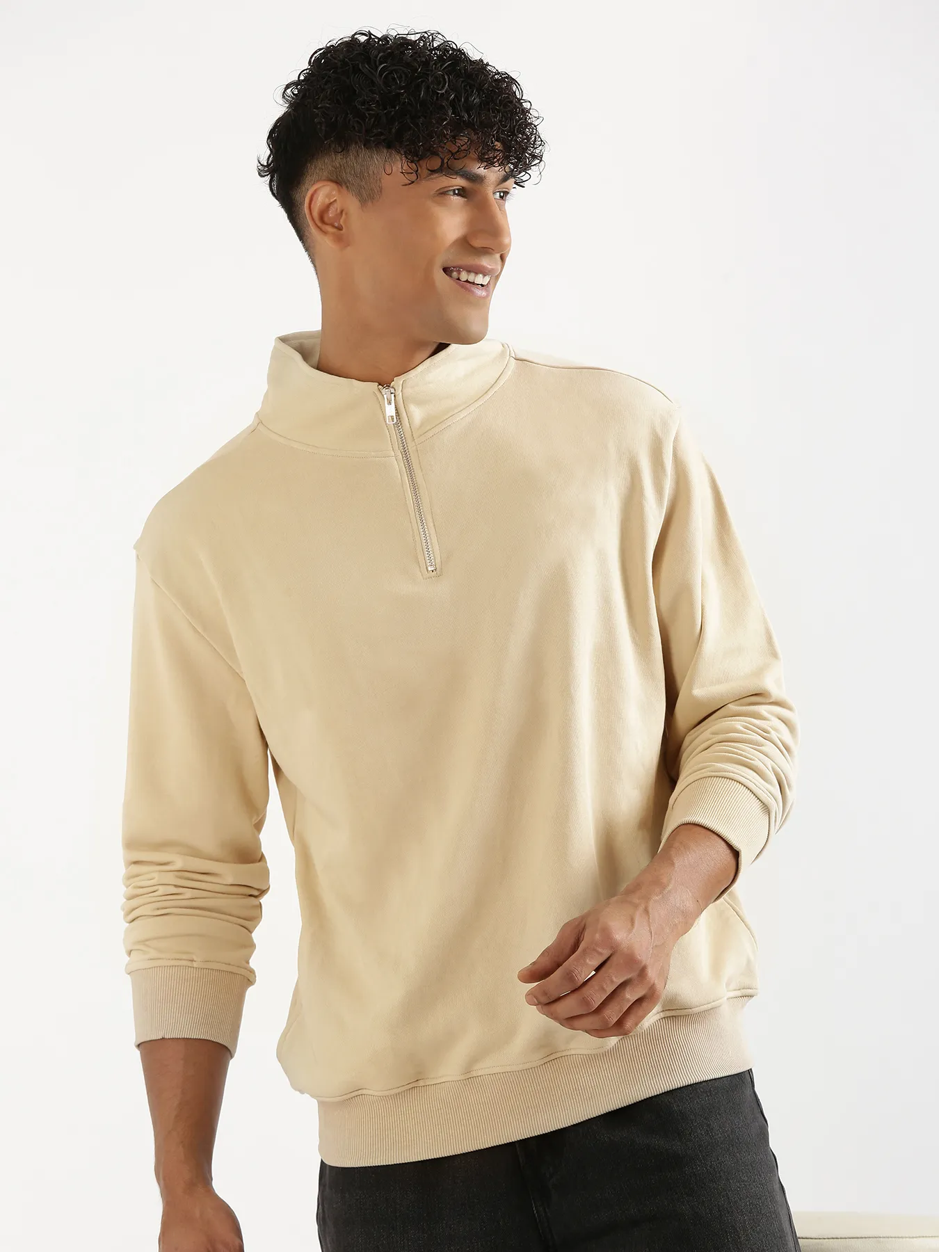 Unisex Beige Zip Neck Sweatshirt - Image 5