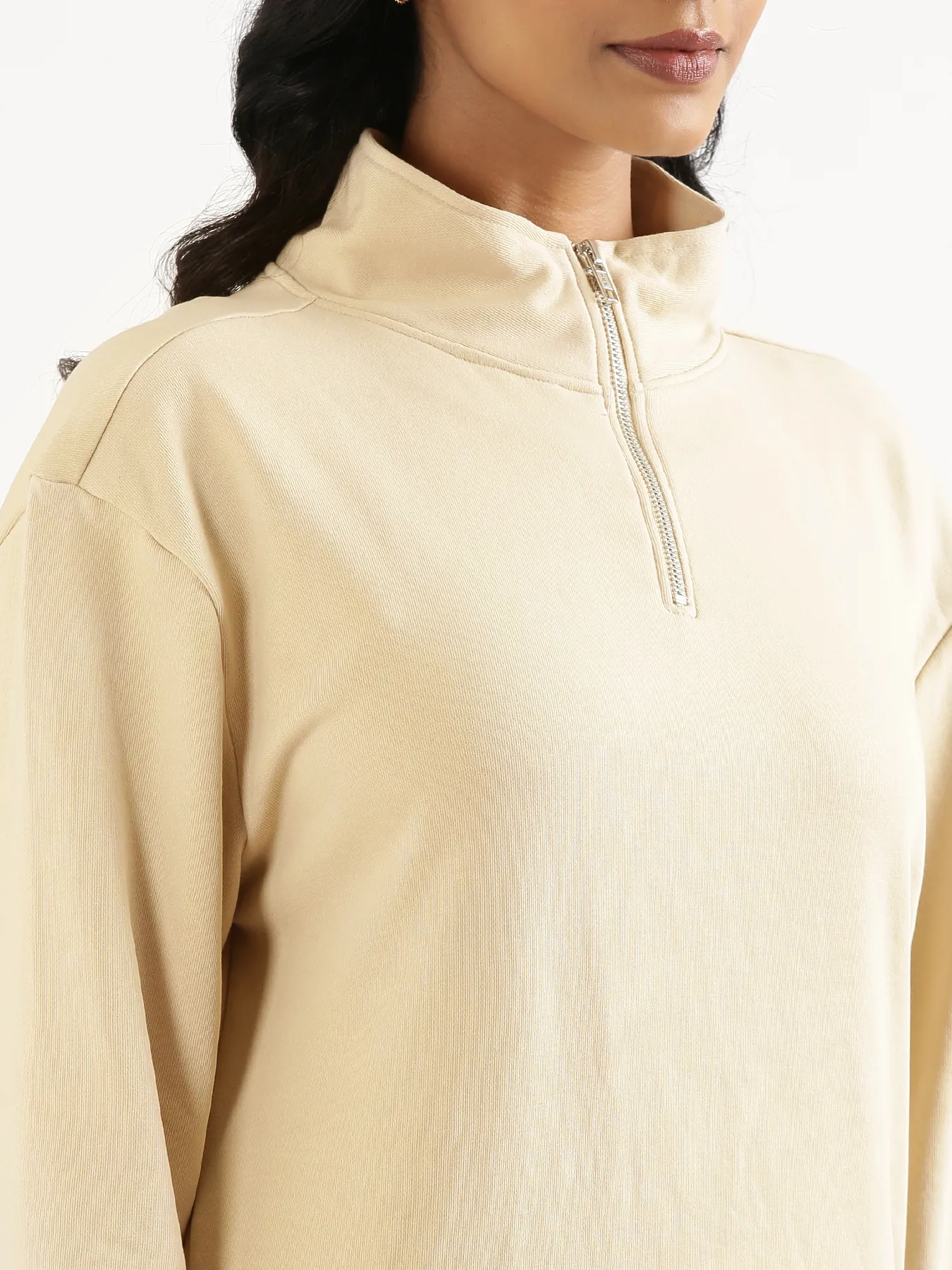 Unisex Beige Zip Neck Sweatshirt - Image 7
