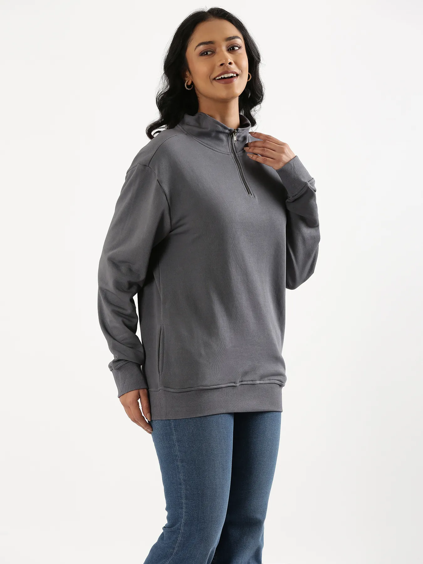 Unisex Grey Zip Neck Sweatshirt - Image 14