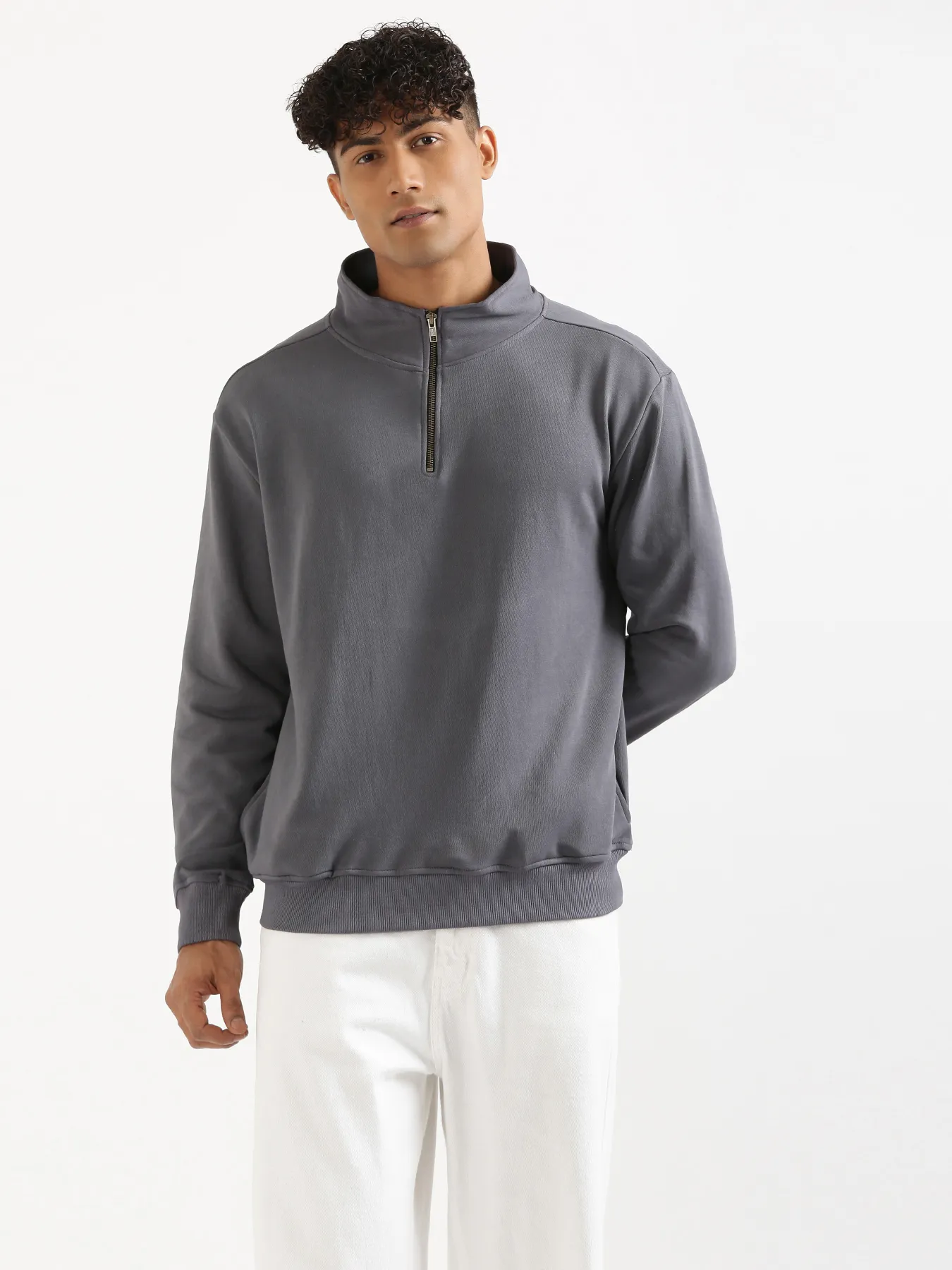 Unisex Grey Zip Neck Sweatshirt - Image 3