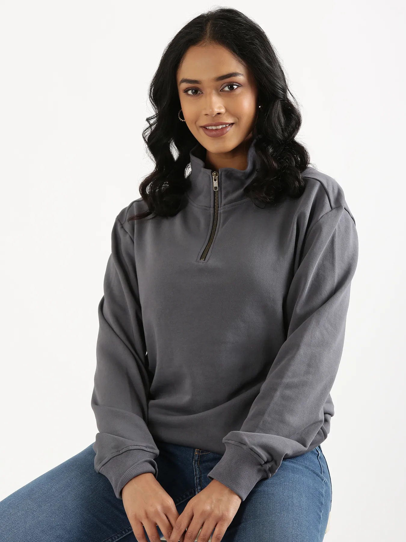 Unisex Grey Zip Neck Sweatshirt - Image 5