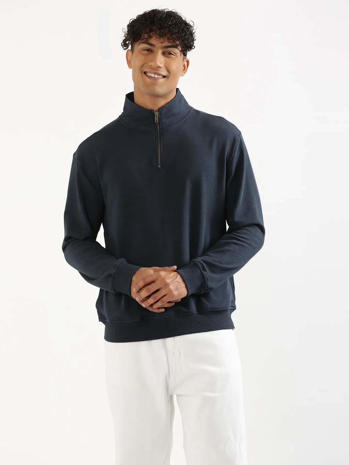 Unisex Navy Blue Zip Neck Sweatshirt - Image 3