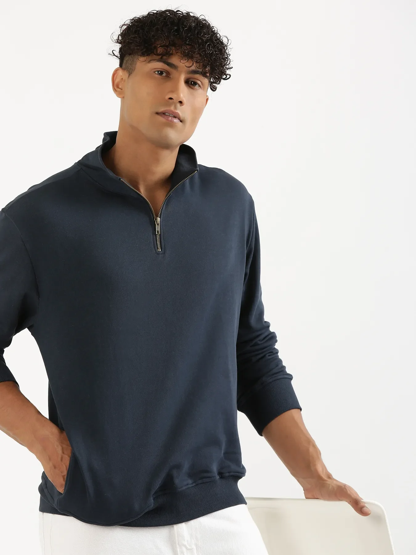 Unisex Navy Blue Zip Neck Sweatshirt - Image 4