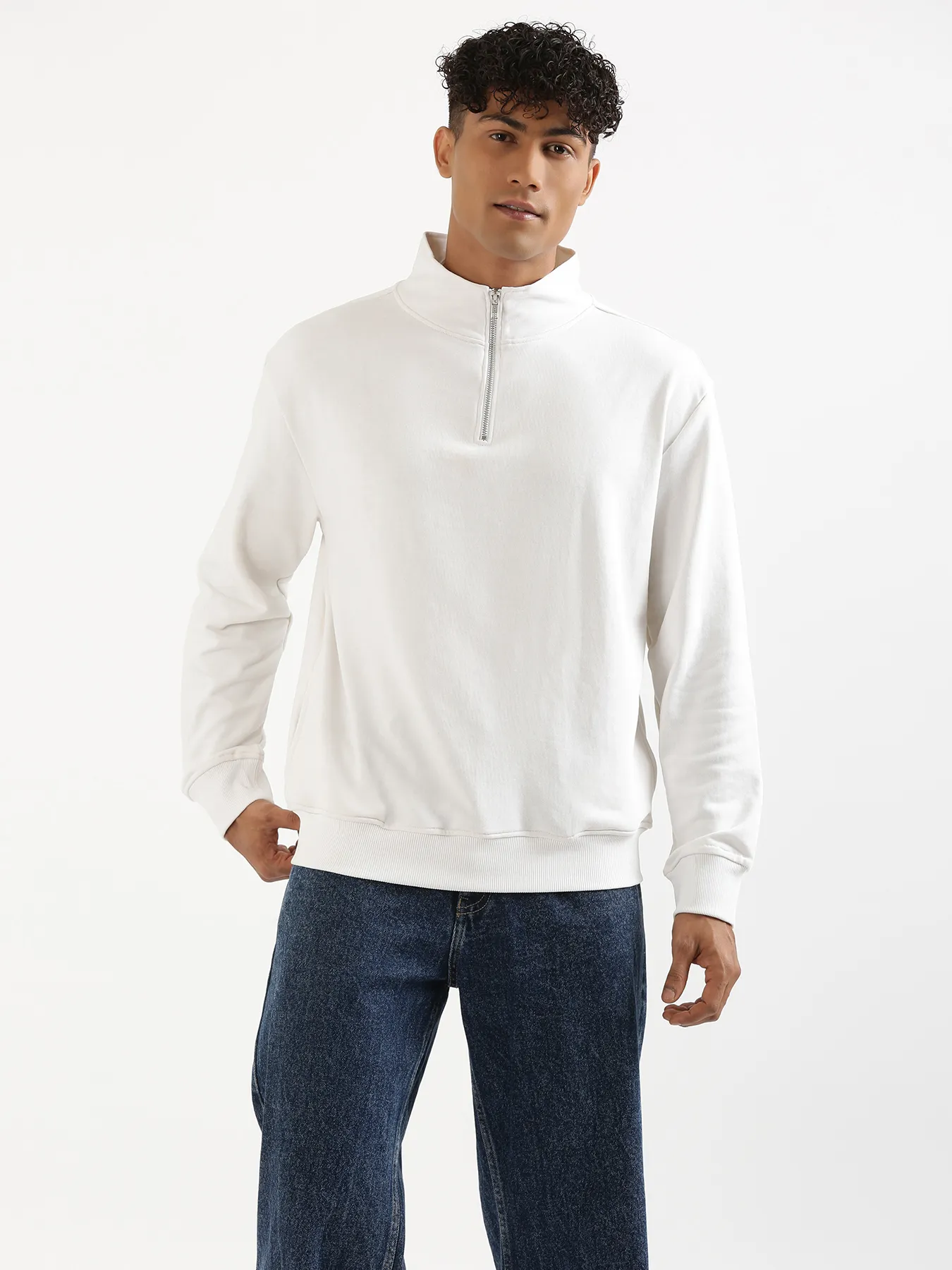 Unisex White Zip Neck Sweatshirt - Image 2