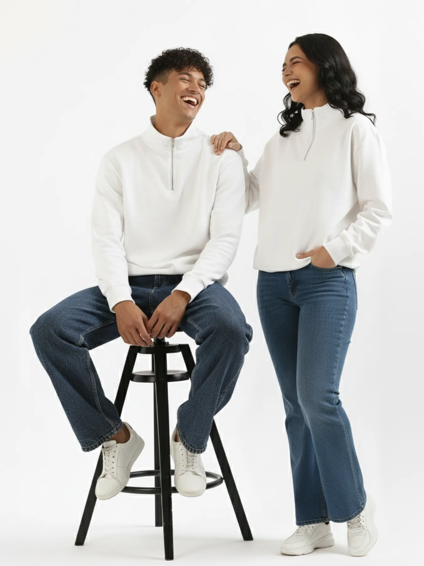 Unisex White Zip Neck Sweatshirt - Image 3