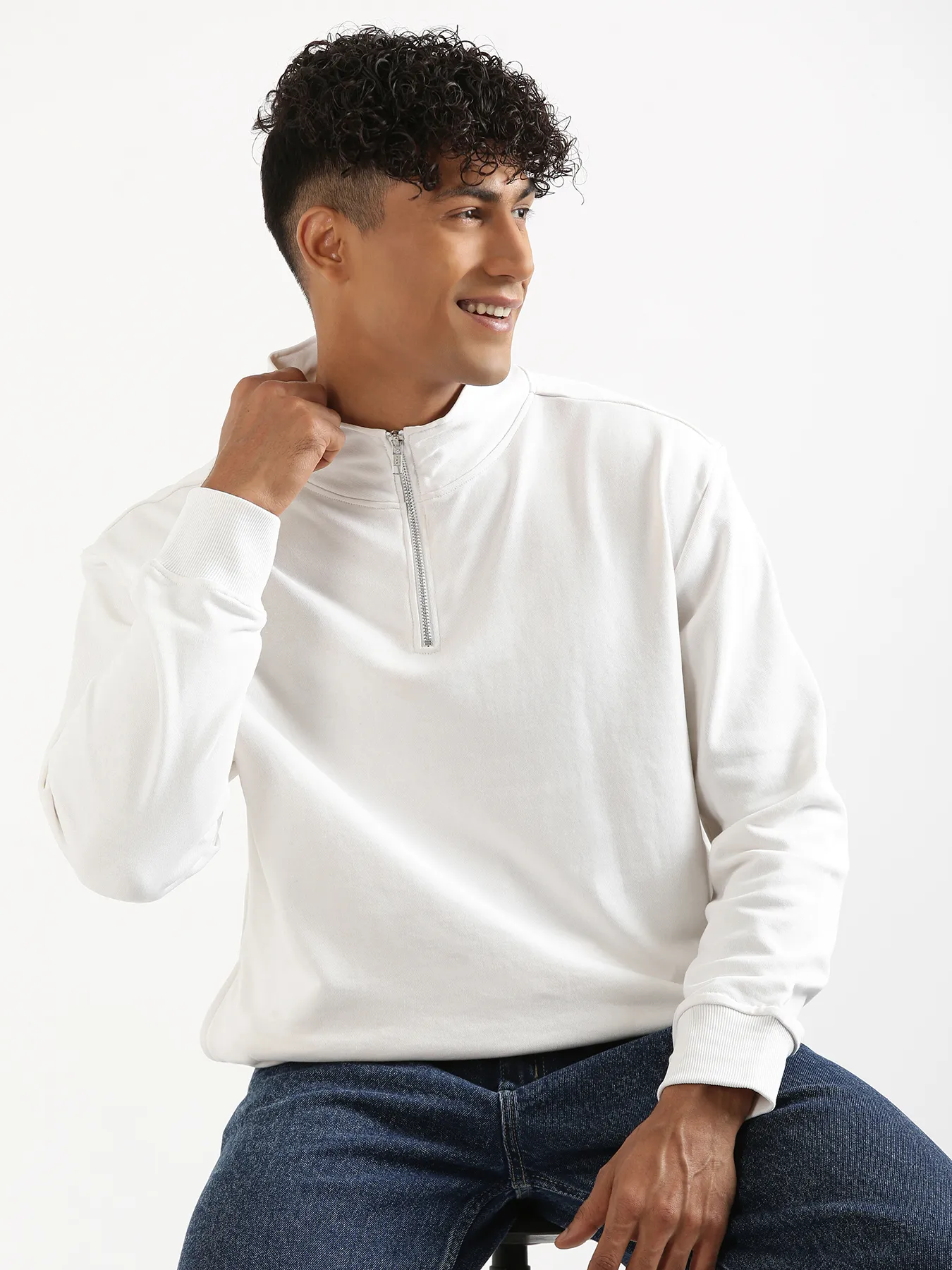 Unisex White Zip Neck Sweatshirt - Image 4