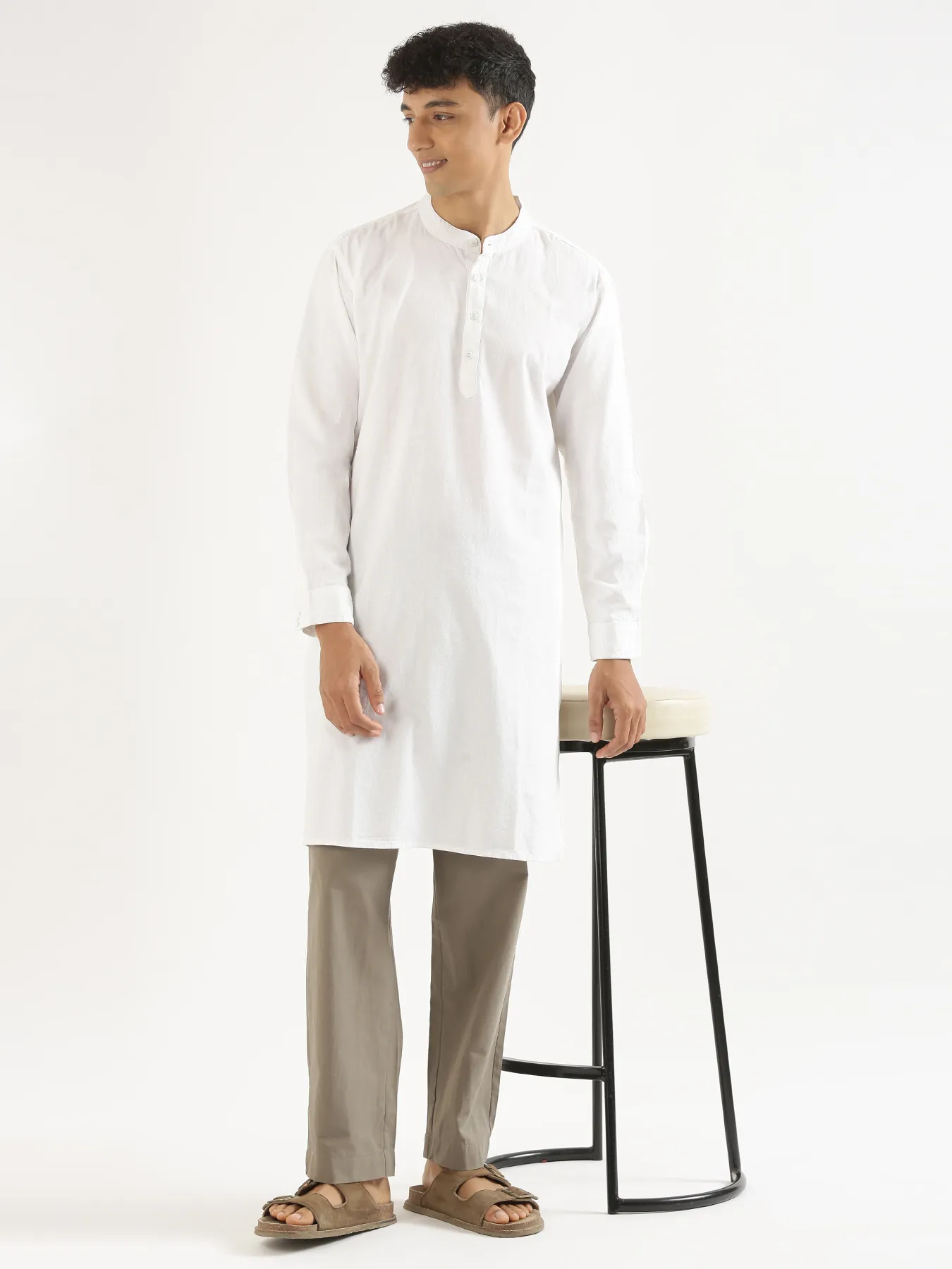 Men White Airy Linen Long Kurta - Image 10