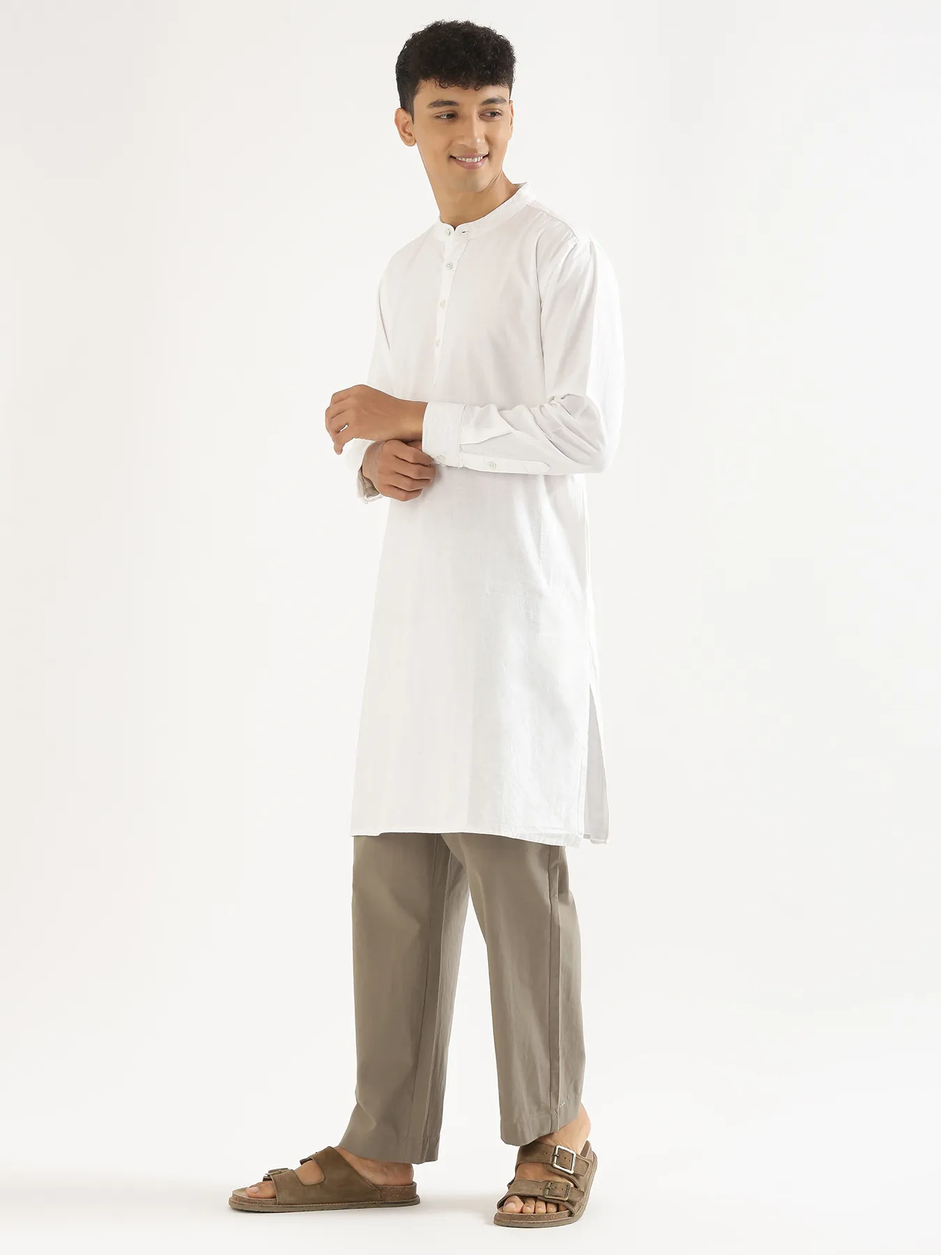 Men White Airy Linen Long Kurta - Image 3