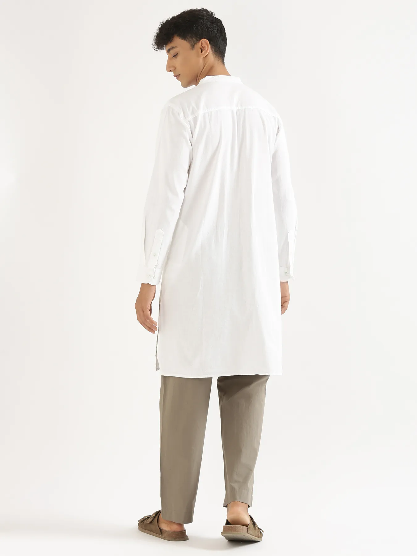 Men White Airy Linen Long Kurta - Image 8