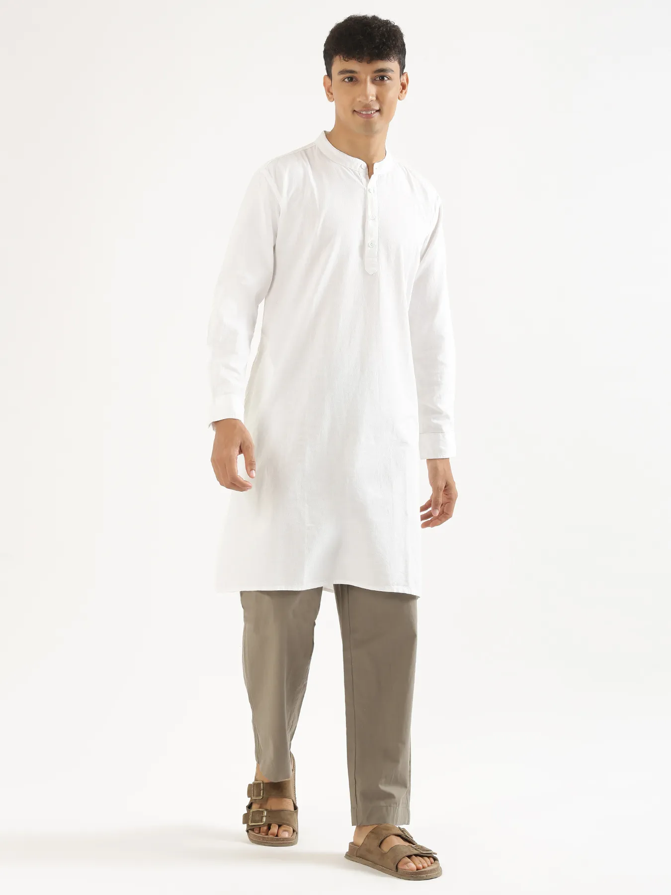 Men White Airy Linen Long Kurta - Image 9