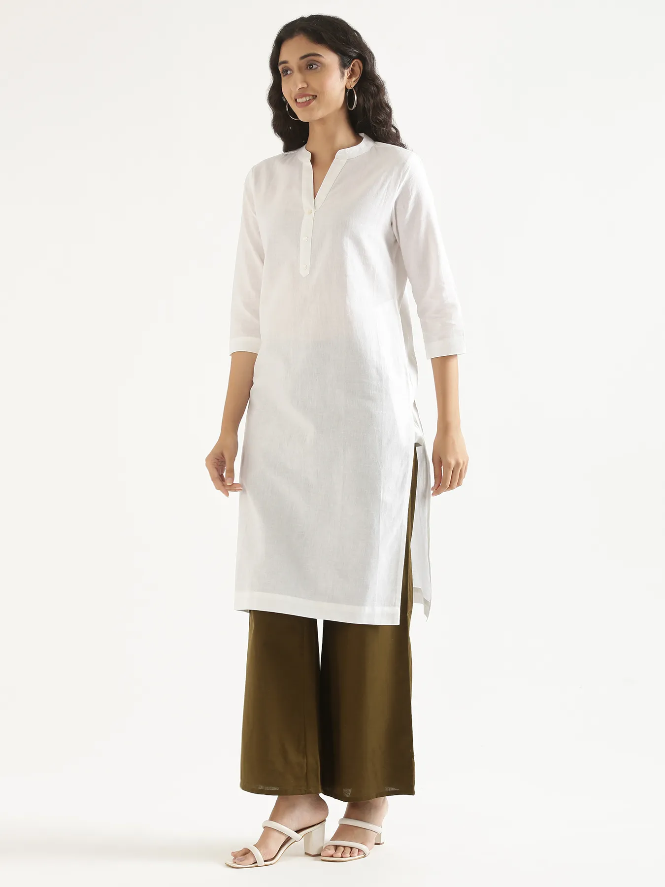 Women White Airy Linen Long Kurta - Image 10