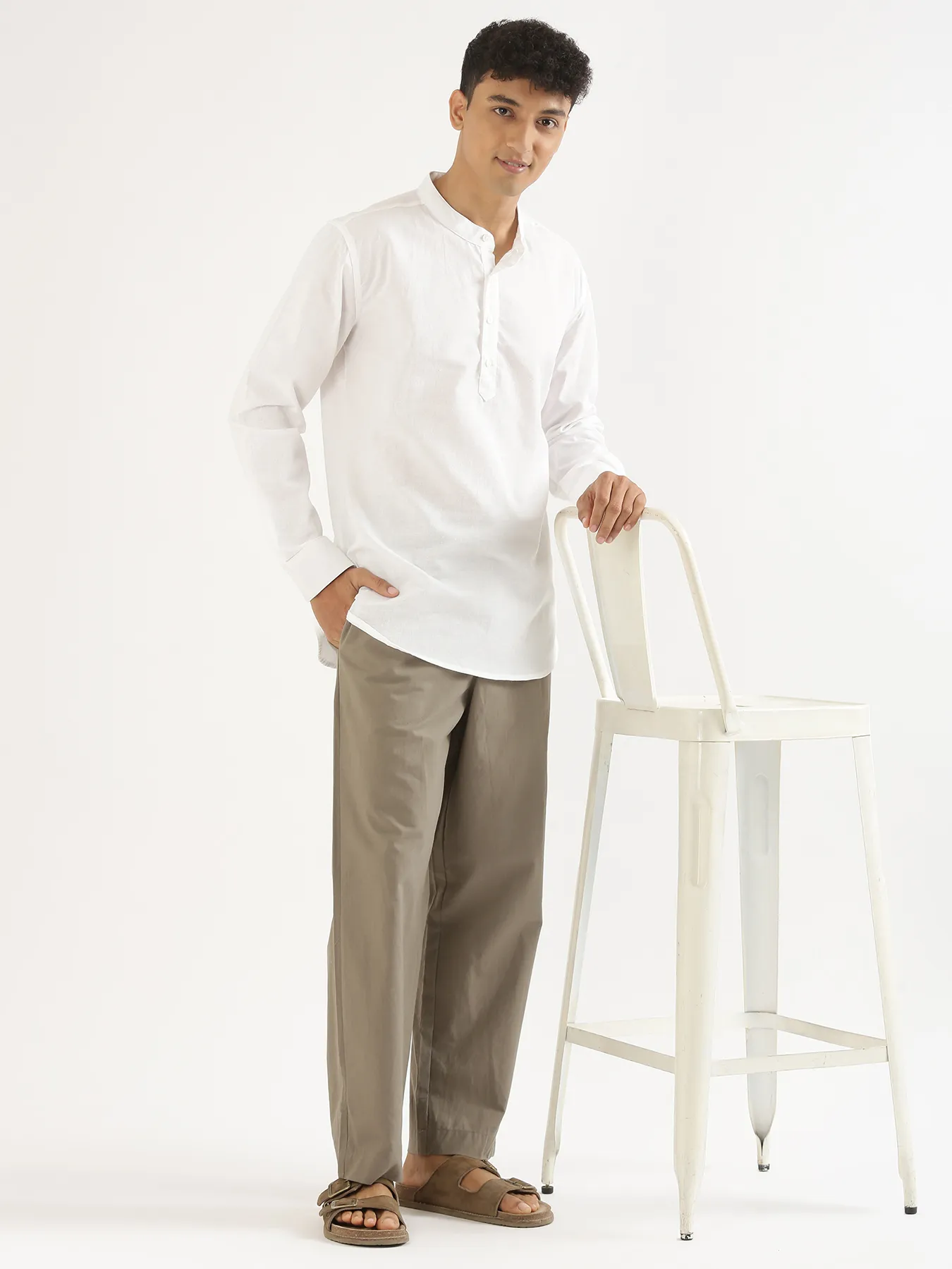 Men White Airy Linen Short Kurta - Image 11