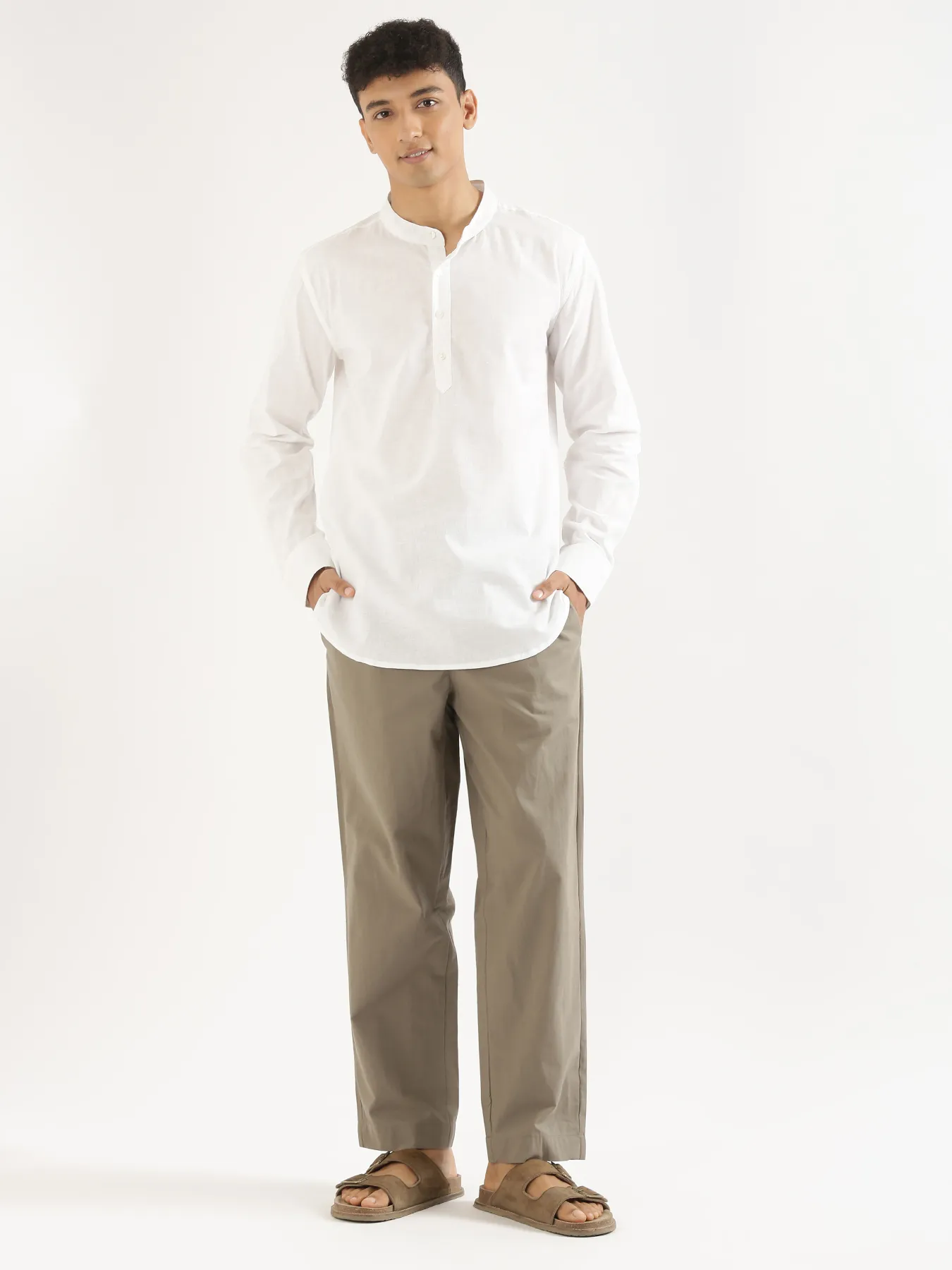 Men White Airy Linen Short Kurta - Image 3