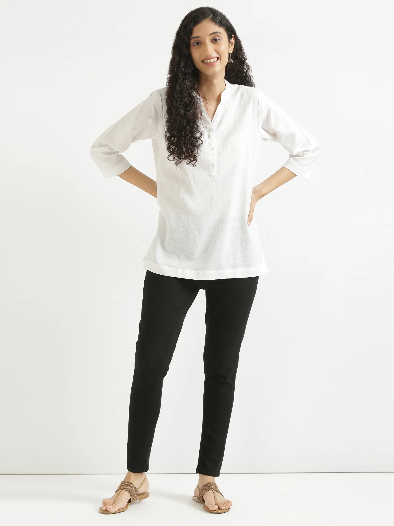 Women White Airy Linen Short Kurta - Image 10