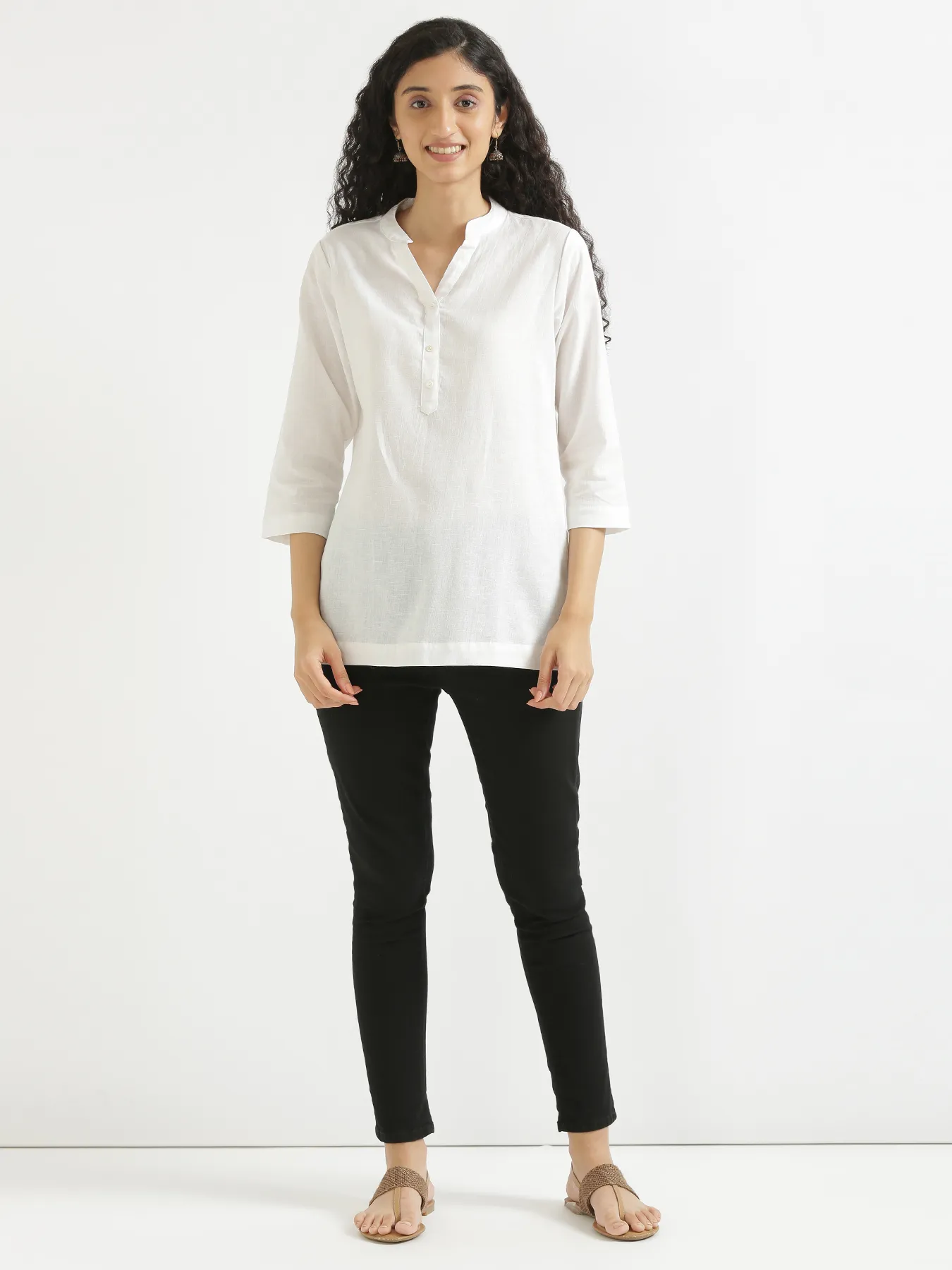 Women White Airy Linen Short Kurta - Image 11