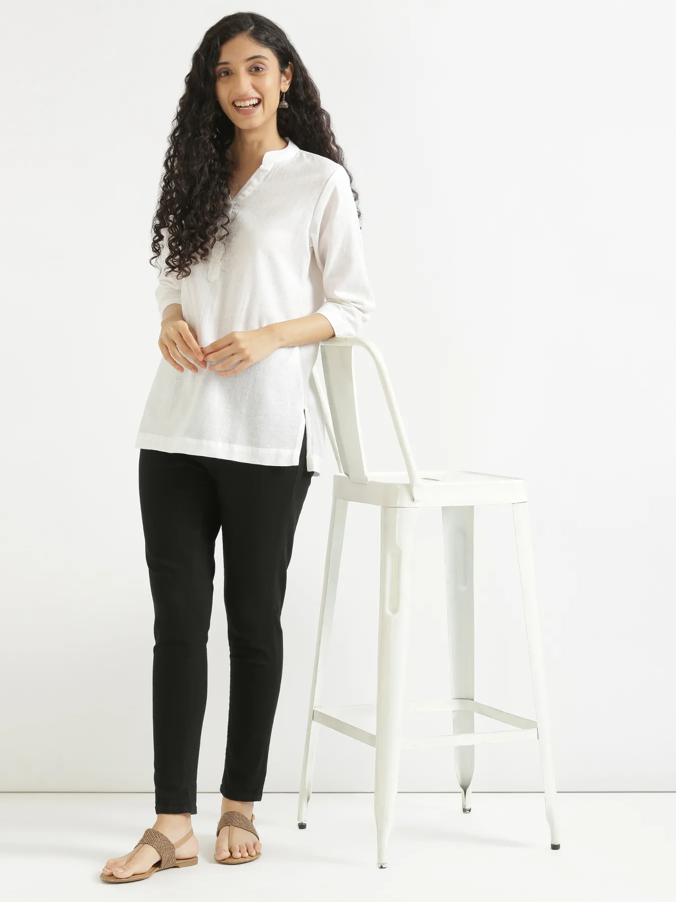Women White Airy Linen Short Kurta - Image 12