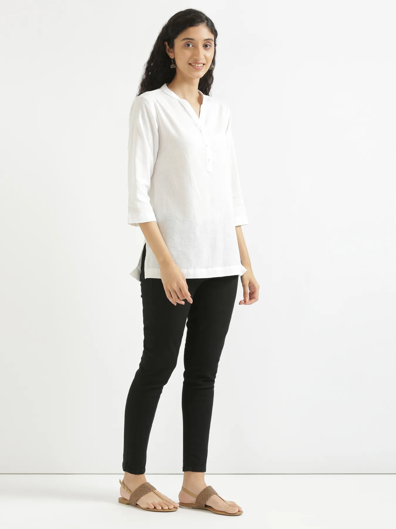 Women White Airy Linen Short Kurta - Image 7