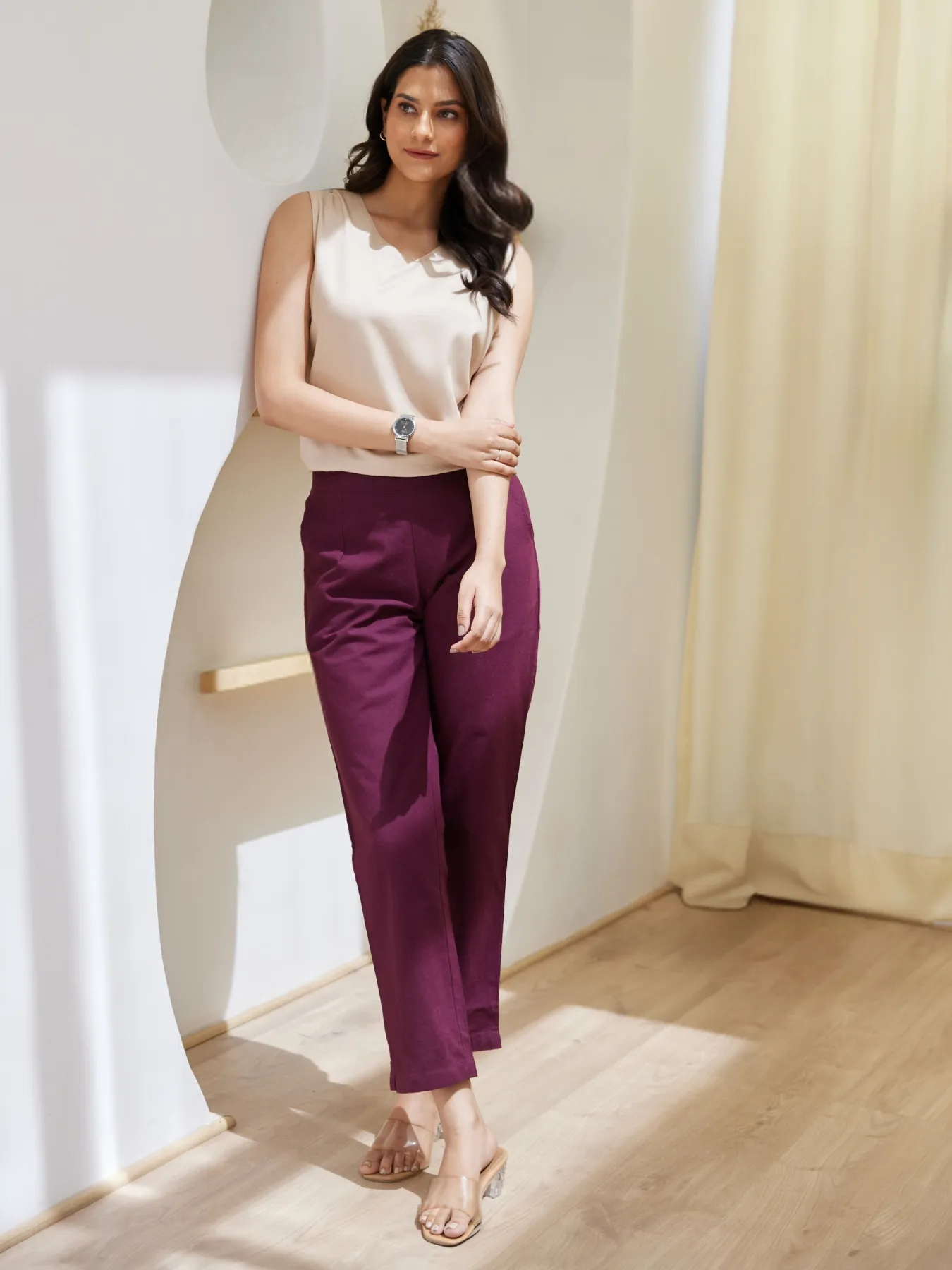 Women Wine Cotton Pant - Image 4