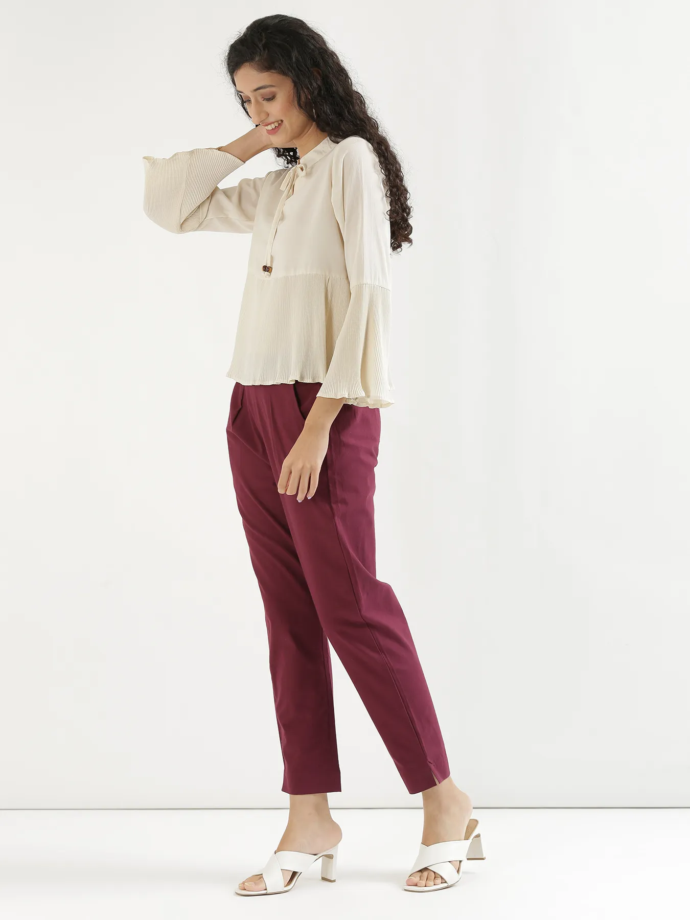 Women Wine Cotton Pant - Image 9