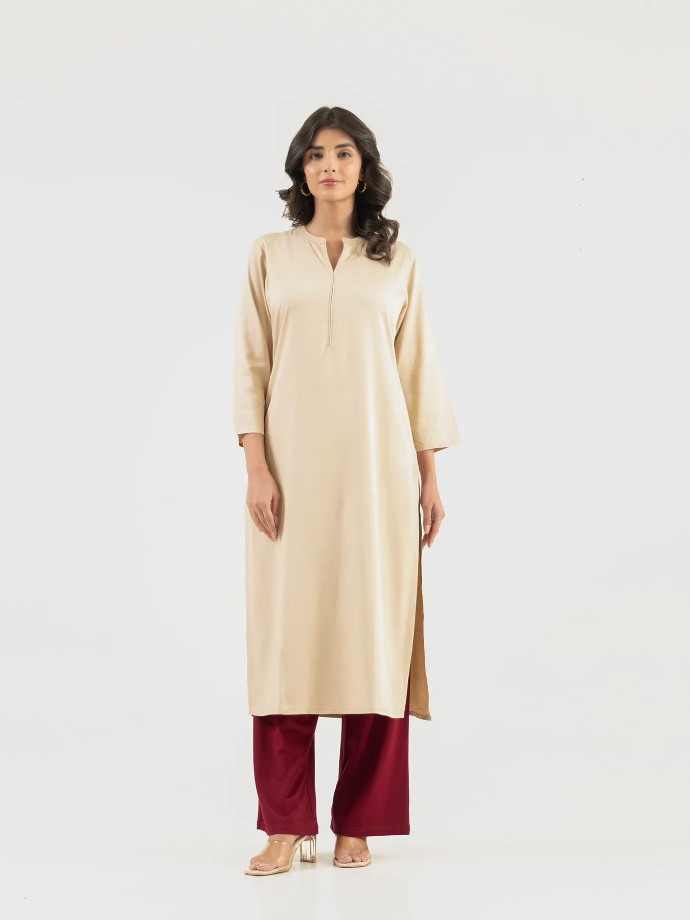 Women Beige Flowy Straight Long Kurta - Image 3