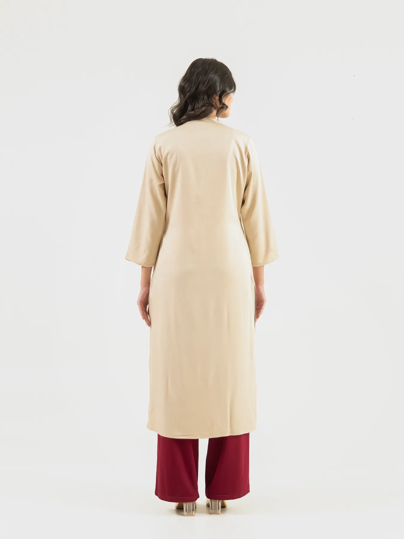 Women Beige Flowy Straight Long Kurta - Image 9