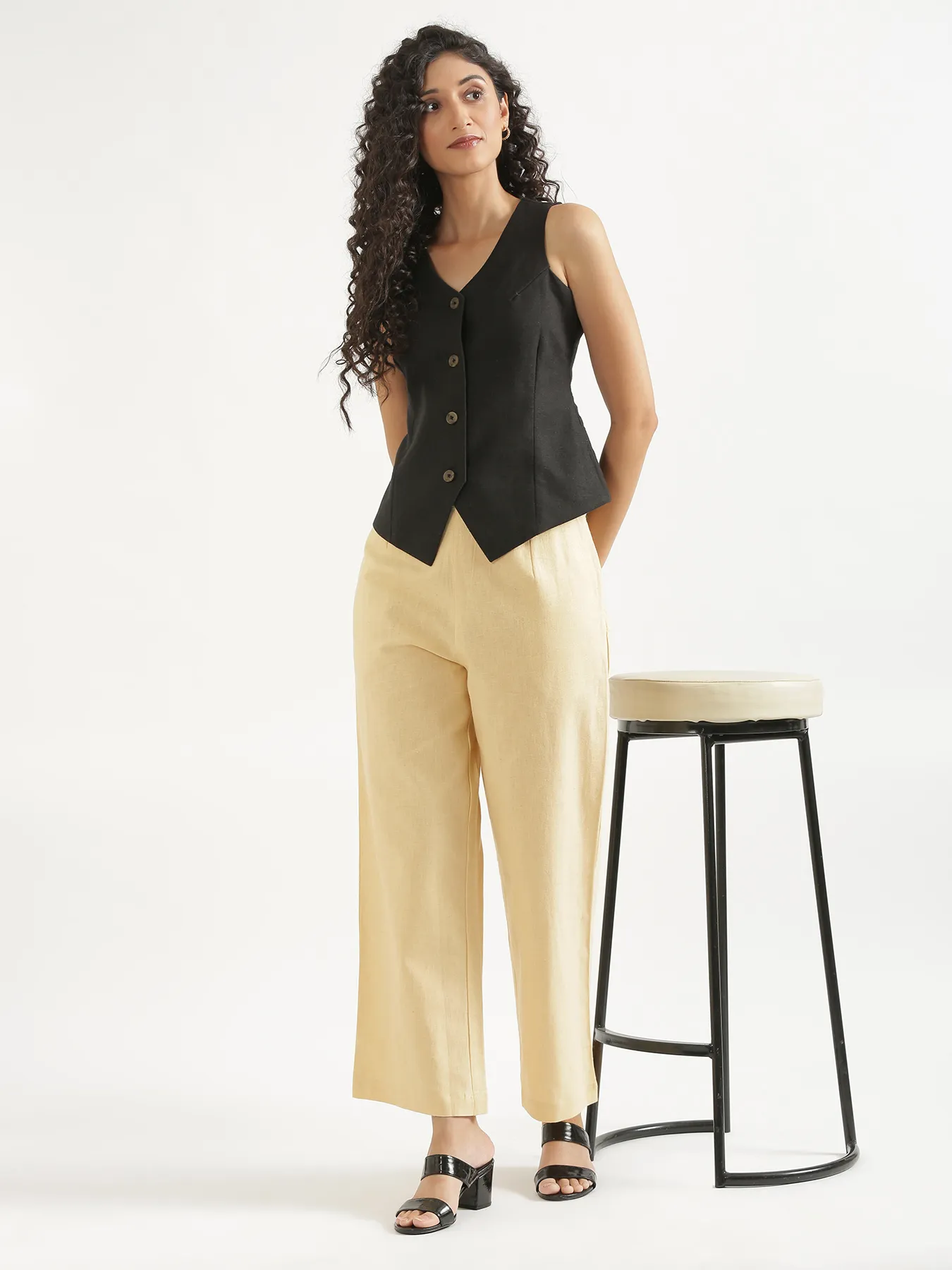 Women Beige Linen Blend Wide Leg Pant - Image 8