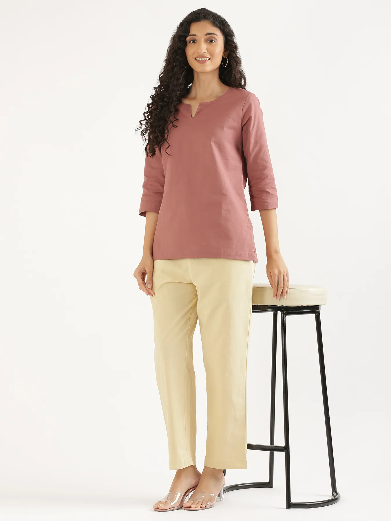 Women Beige Cotton Straight Pant - Image 10