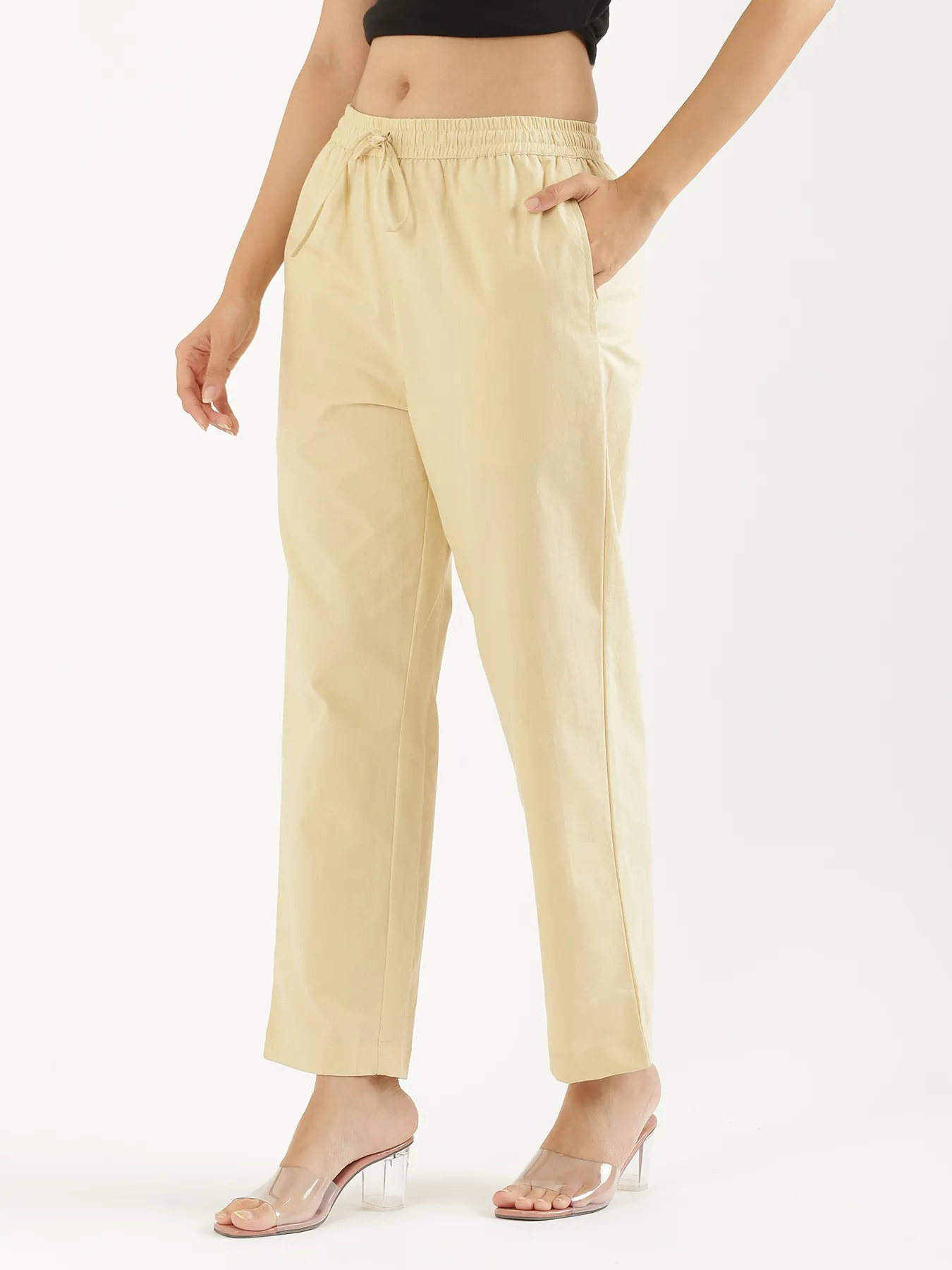 Women Beige Cotton Straight Pant - Image 4