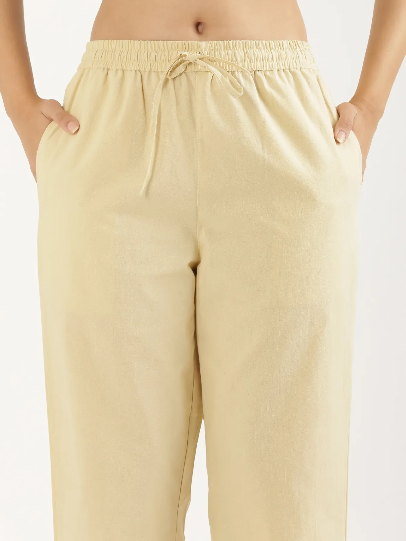 Women Beige Cotton Straight Pant - Image 5