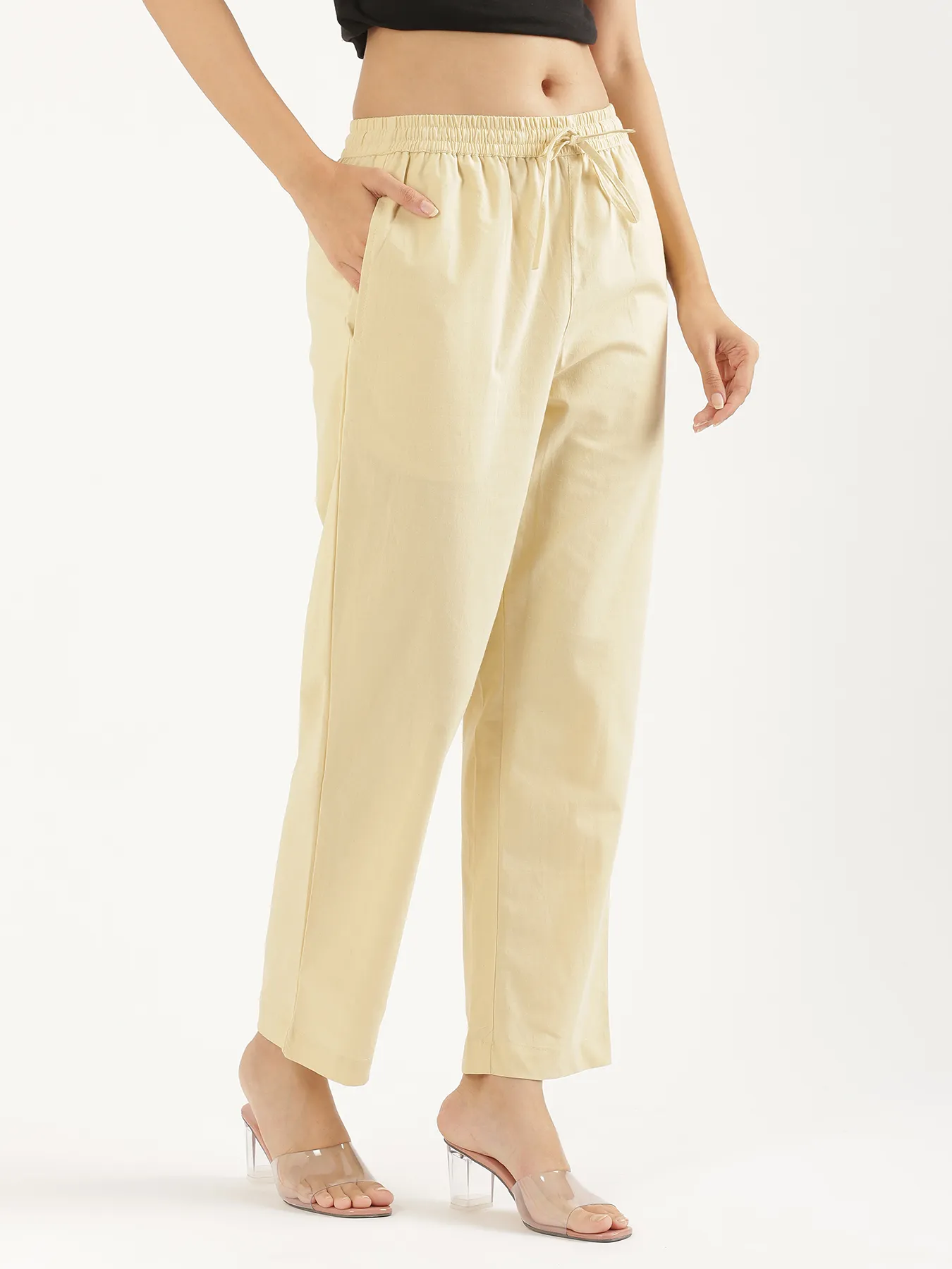 Women Beige Cotton Straight Pant - Image 8