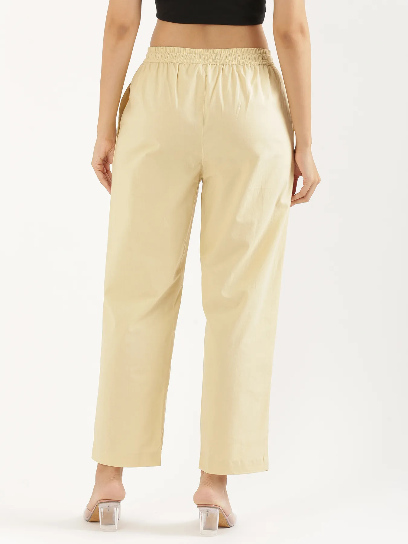 Women Beige Cotton Straight Pant - Image 9