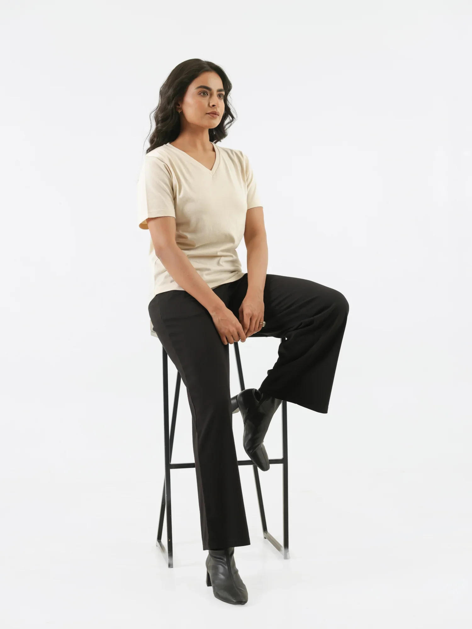 Women Beige V-neck T-shirt - Image 10