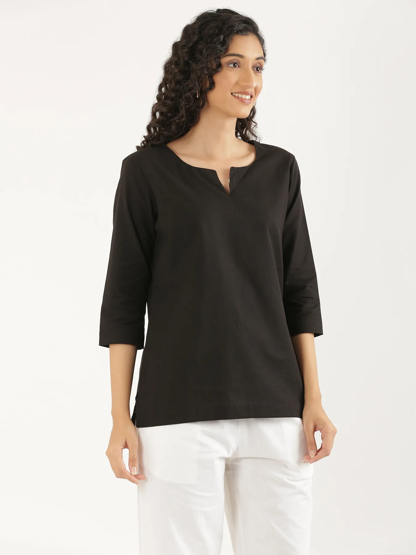 Women Black Airy Linen Split Neck Short Kurta - Image 11