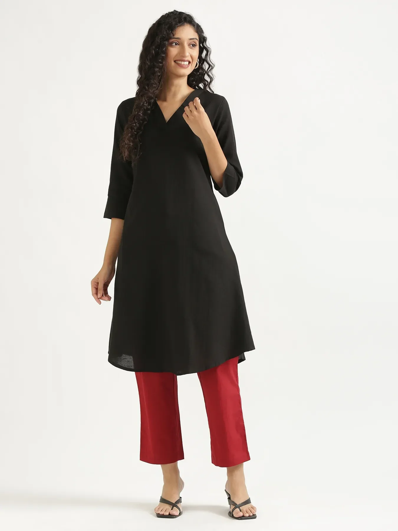 Women Black Flowy Linen A-Line Long Kurta - Image 10