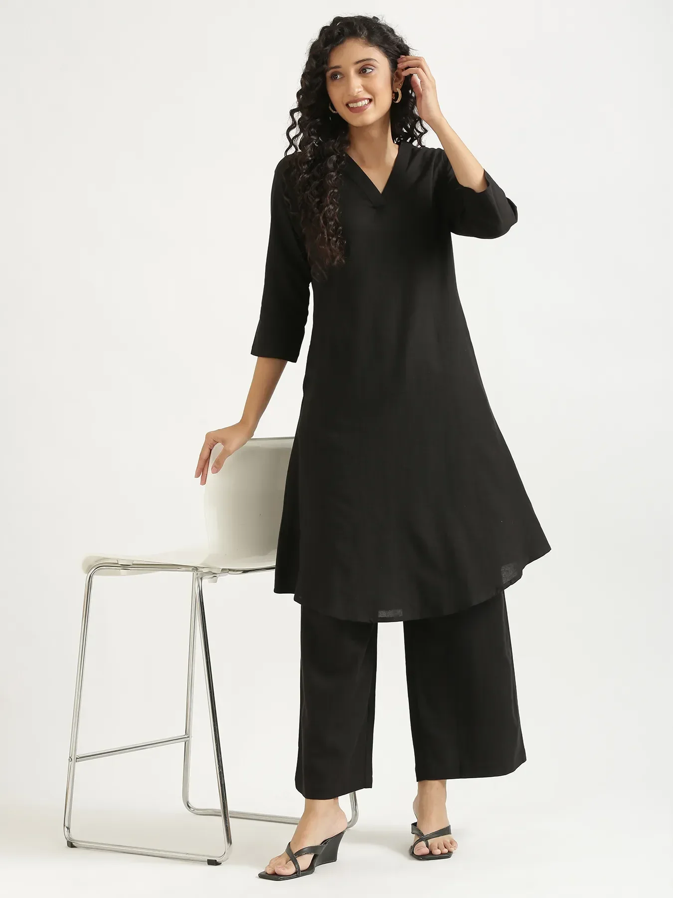 Women Black Flowy Linen A-Line Long Kurta - Image 11